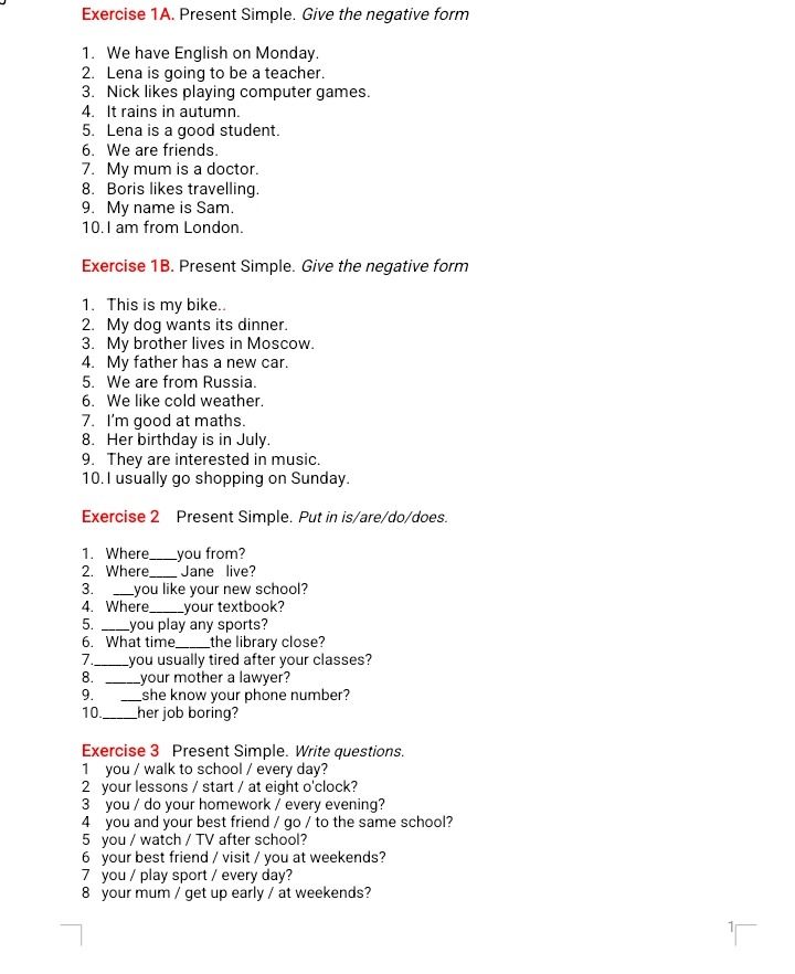 Фото задания: Exercise 1A. Present Simple. Give the negative form