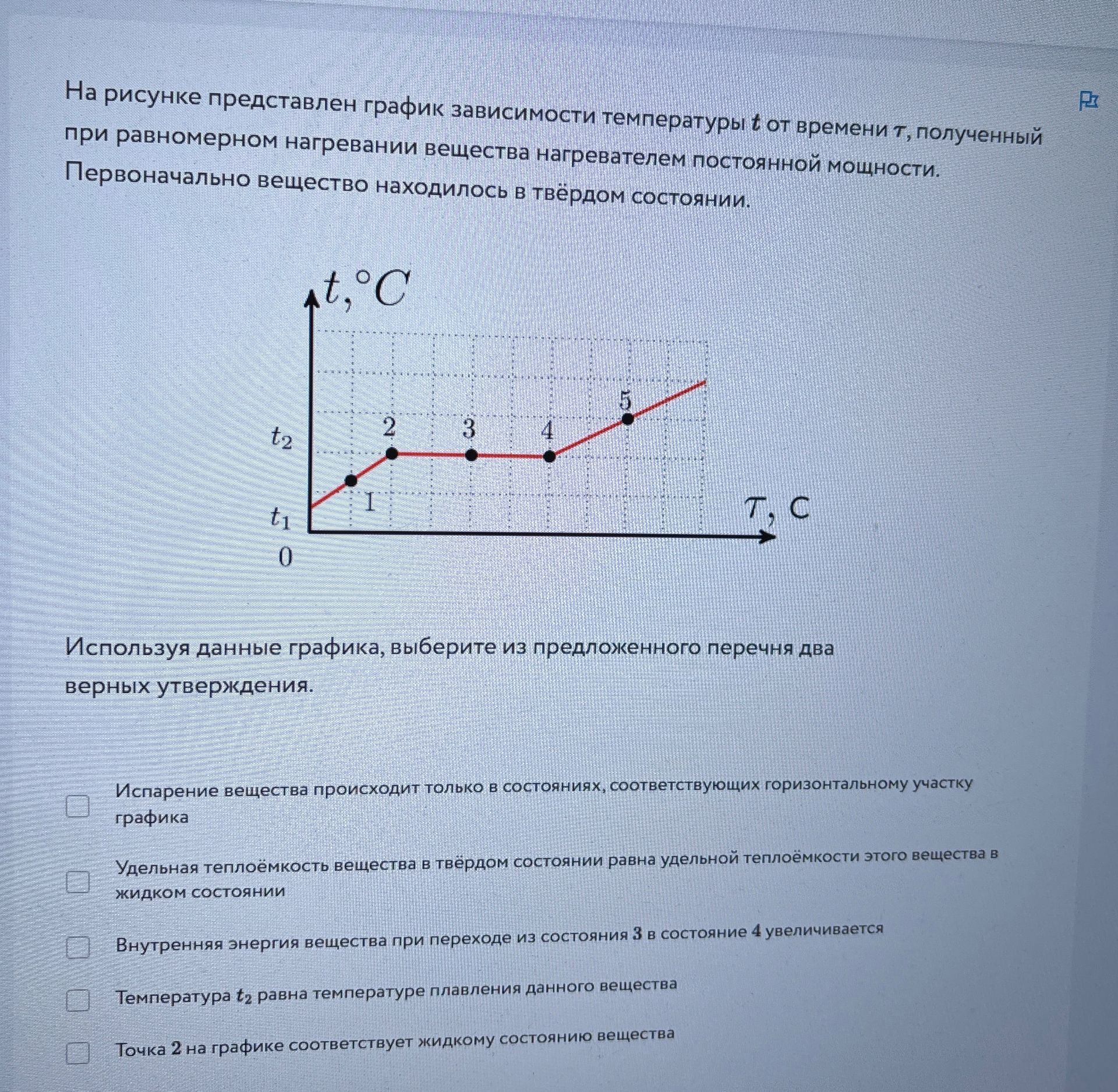 Фото задания: На рисунке представлен график зависимости температуры t от времени τ, полученный при равномерном нагревании вещества…