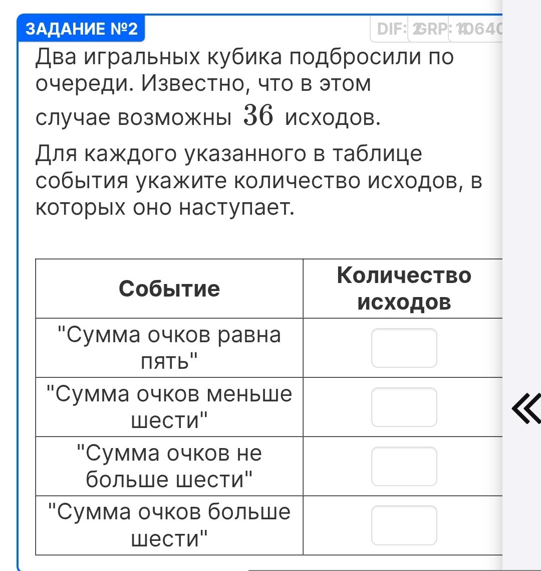 Фото задания: Два игральных кубика подбросили по очереди. Известно, что в этом случае возможны 36 исходов. Для каждого указанного в таблице…