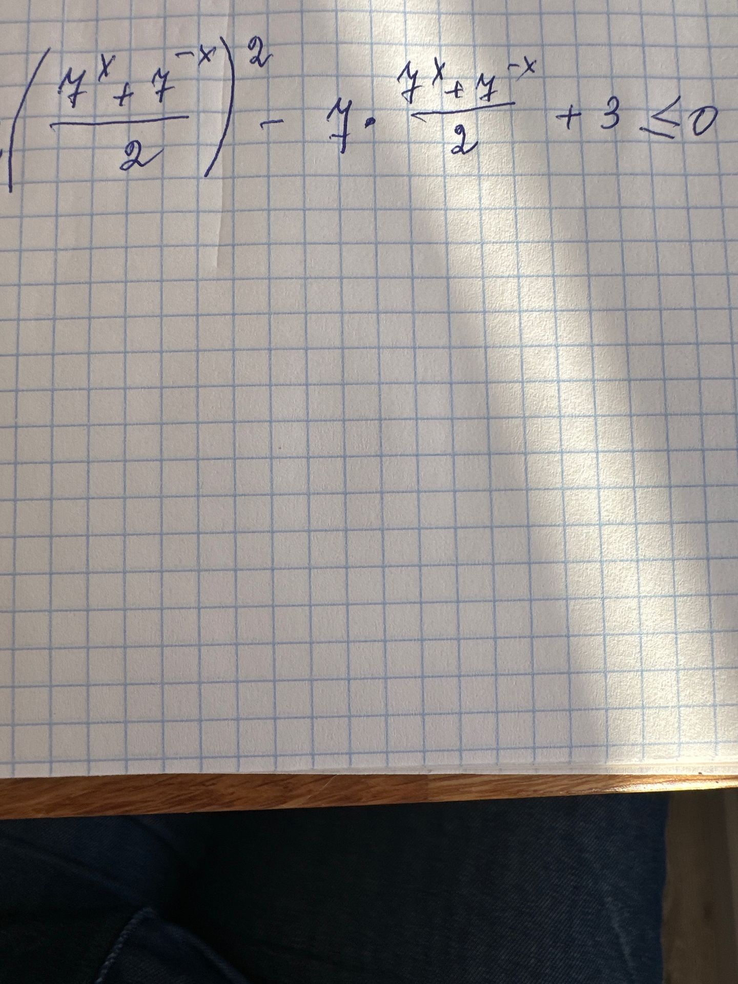 Фото задания: Solve the inequality: ( (y^x + y^{-x}) / 2 )^2 - 7 * (y^x + y^{-x}) / 2 + 3 <= 0