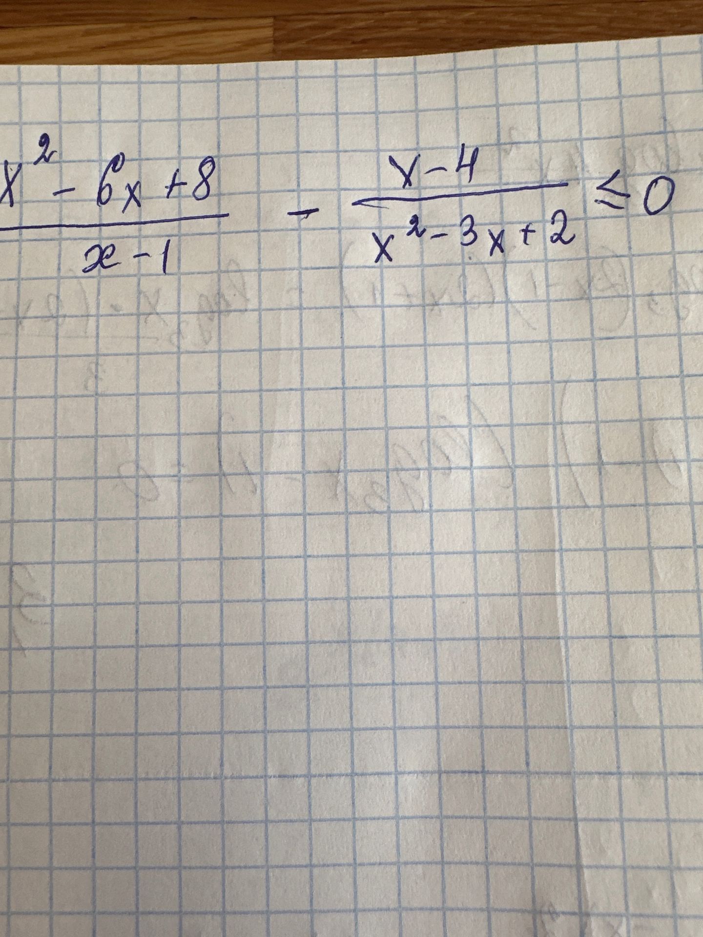 Фото задания: Решите неравенство: \[ \frac{x^2 - 6x + 8}{x - 1} - \frac{x - 4}{x^2 - 3x + 2} \le 0 \]