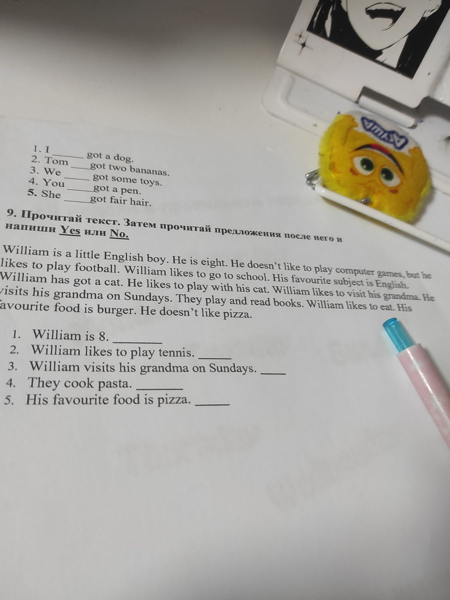 Фото задания: Read the text. Then read the sentences after it and write Yes or No. William is a little English boy. He is eight. He doesn't…