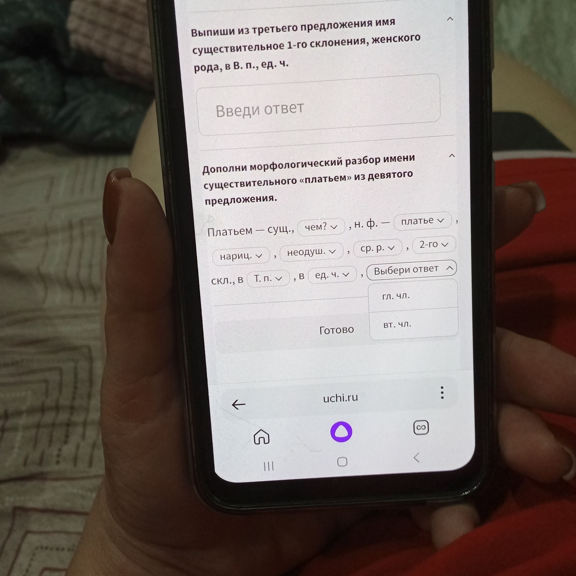 Фото задания: Выпиши из третьего предложения имя существительное 1-го склонения, женского рода, в В. п., ед. ч.