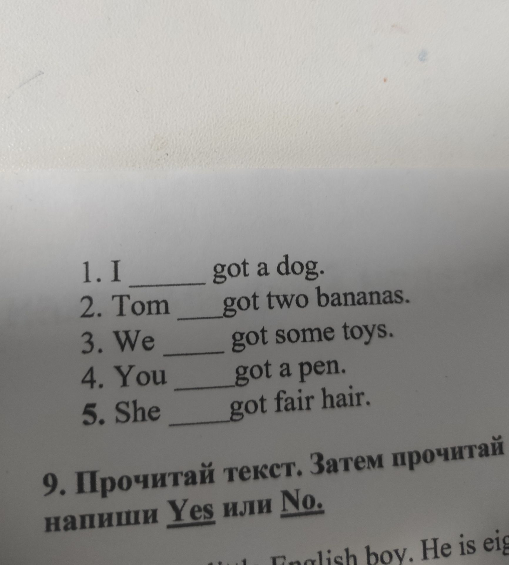 Фото задания: 1. I ____ got a dog. 2. Tom ____ got two bananas. 3. We ____ got some toys. 4. You ____ got a pen. 5. She ____ got fair hair.…