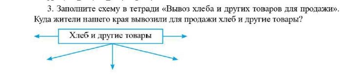 Фото задания: 3. Заполните схему в тетради «Вывоз хлеба и других товаров для продажи». Куда жители нашего края вывозили для продажи хлеб…