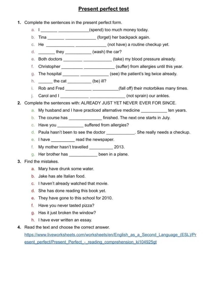 Фото задания: 1. Complete the sentences in the present perfect form.