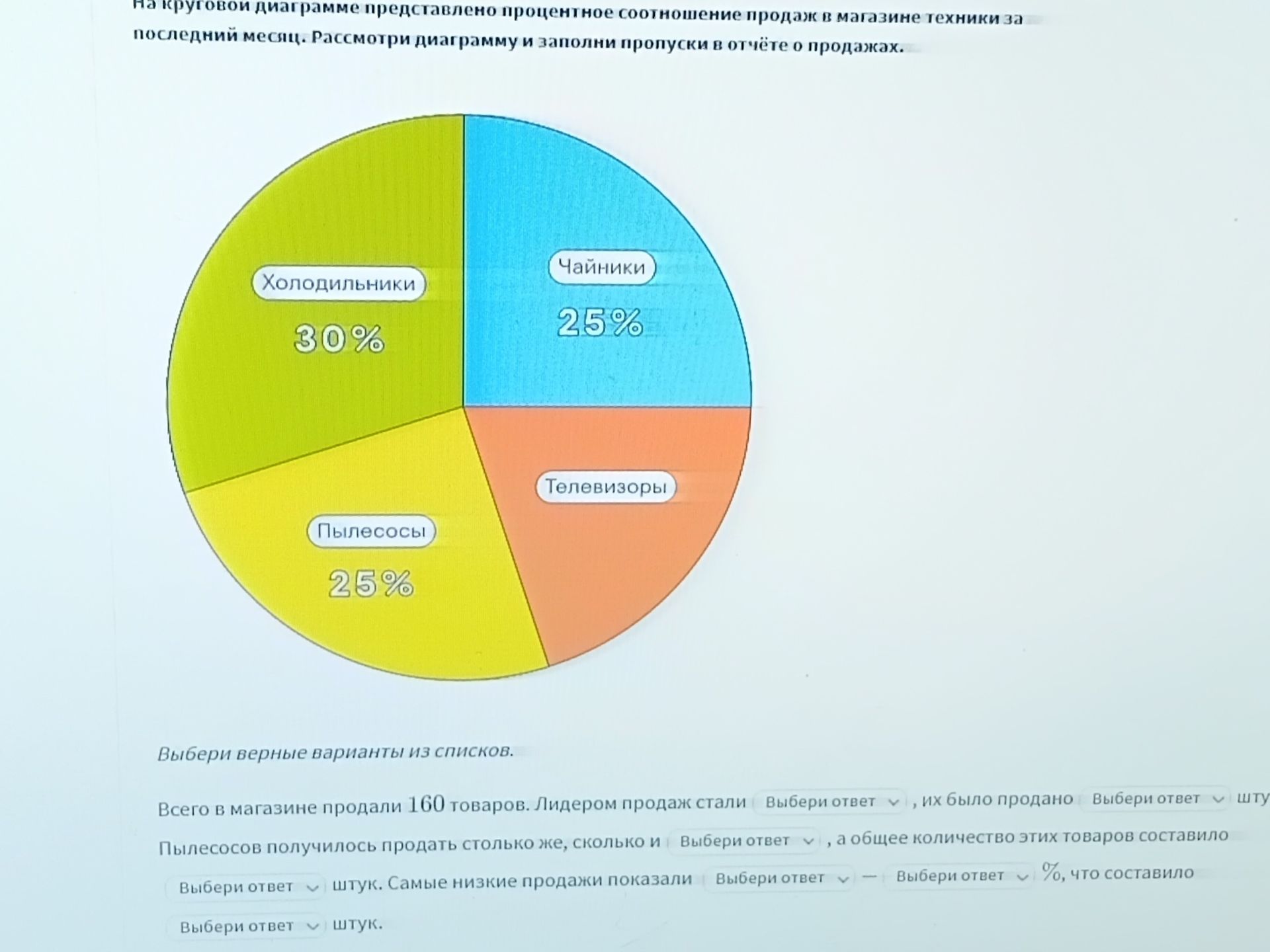 Фото задания: На круговой диаграмме представлено процентное соотношение продаж в магазине техники за последний месяц. Рассмотри диаграмму и…
