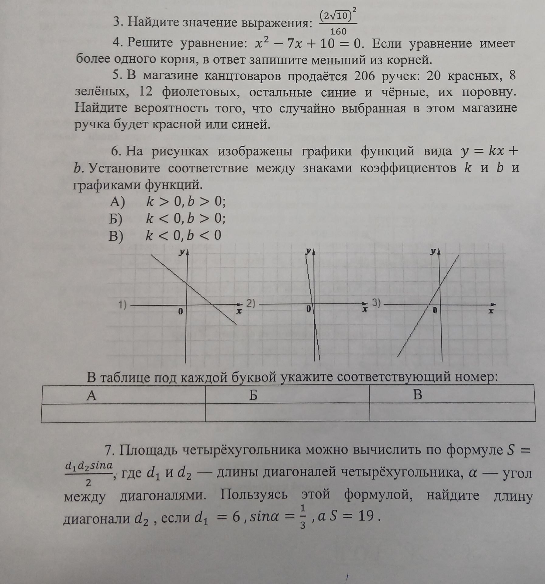Фото задания: 6. На рисунках изображены графики функций вида \( y = kx + b \). Установите соответствие между знаками коэффициентов \(k\)…