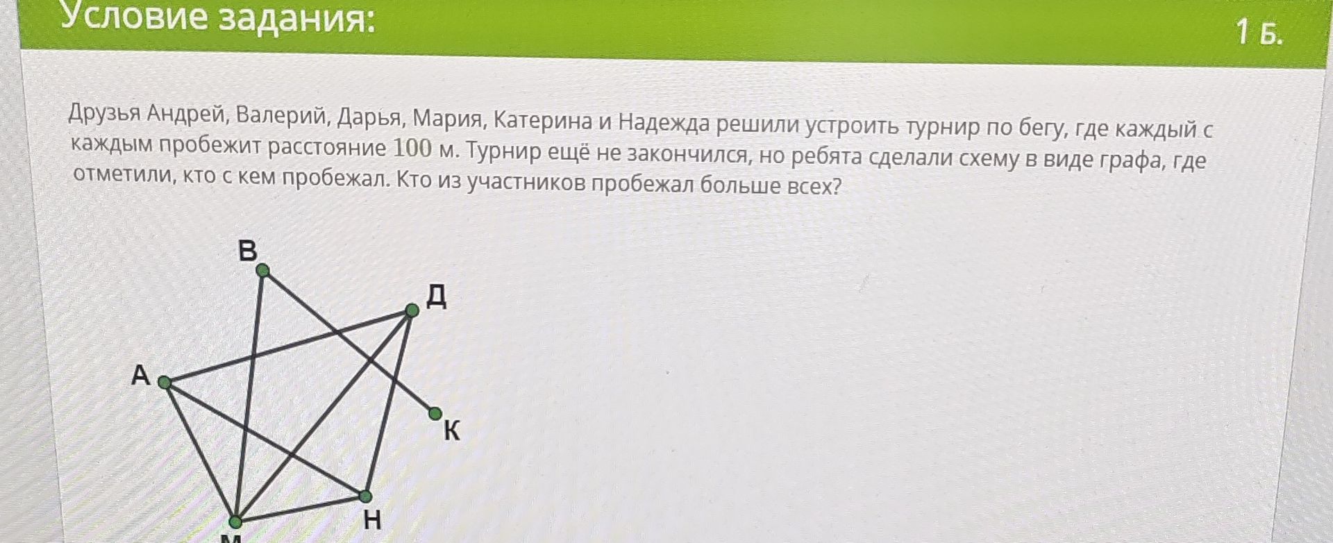 Фото задания: Друзья Андрей, Валерий, Дарья, Мария, Катерина и Надежда решили устроить турнир по бегу, где каждый с каждым пробежит…