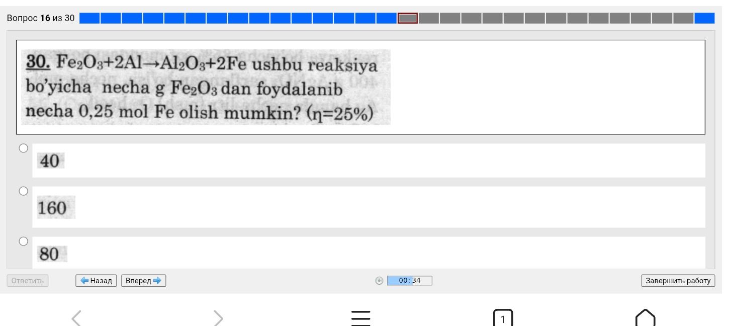 Фото задания: 30. Fe2O3+2Al→Al2O3+2Fe ushbu reaksiyabo'yicha necha g Fe2O3 dan foydalanib necha 0,25 mol Fe olish mumkin? (n=25%)