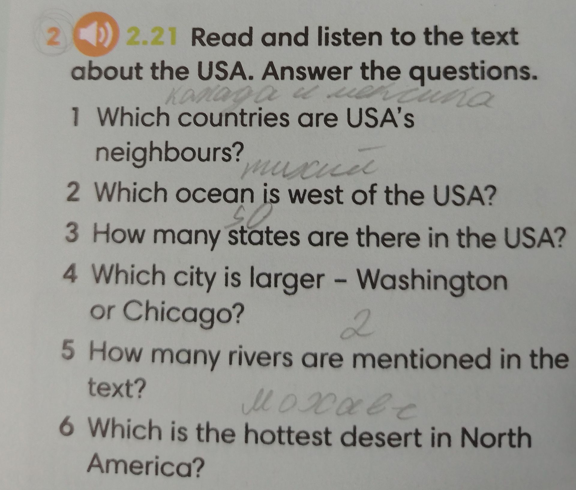 Фото задания: 2.21 Read and listen to the text about the USA. Answer the questions.