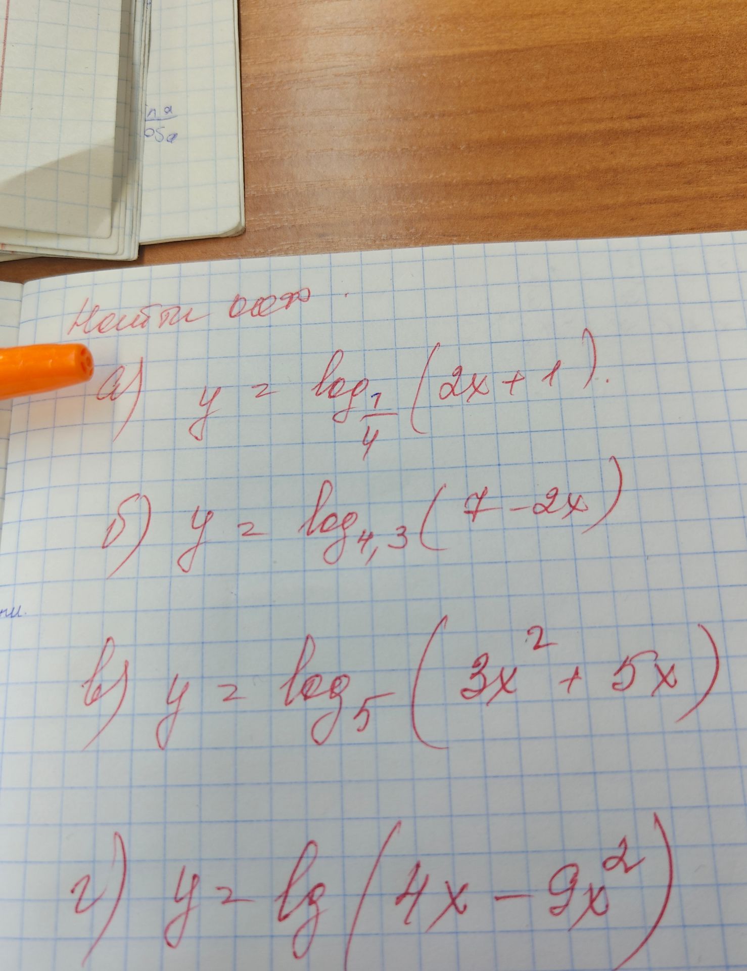 Фото задания: Найдите область определения: a) y = log_{\(\frac{1}{4}\)}(2x+1) б) y = log_{4,3}(7-2x) в) y = log_{5}(3x^2+5x) г) y =…