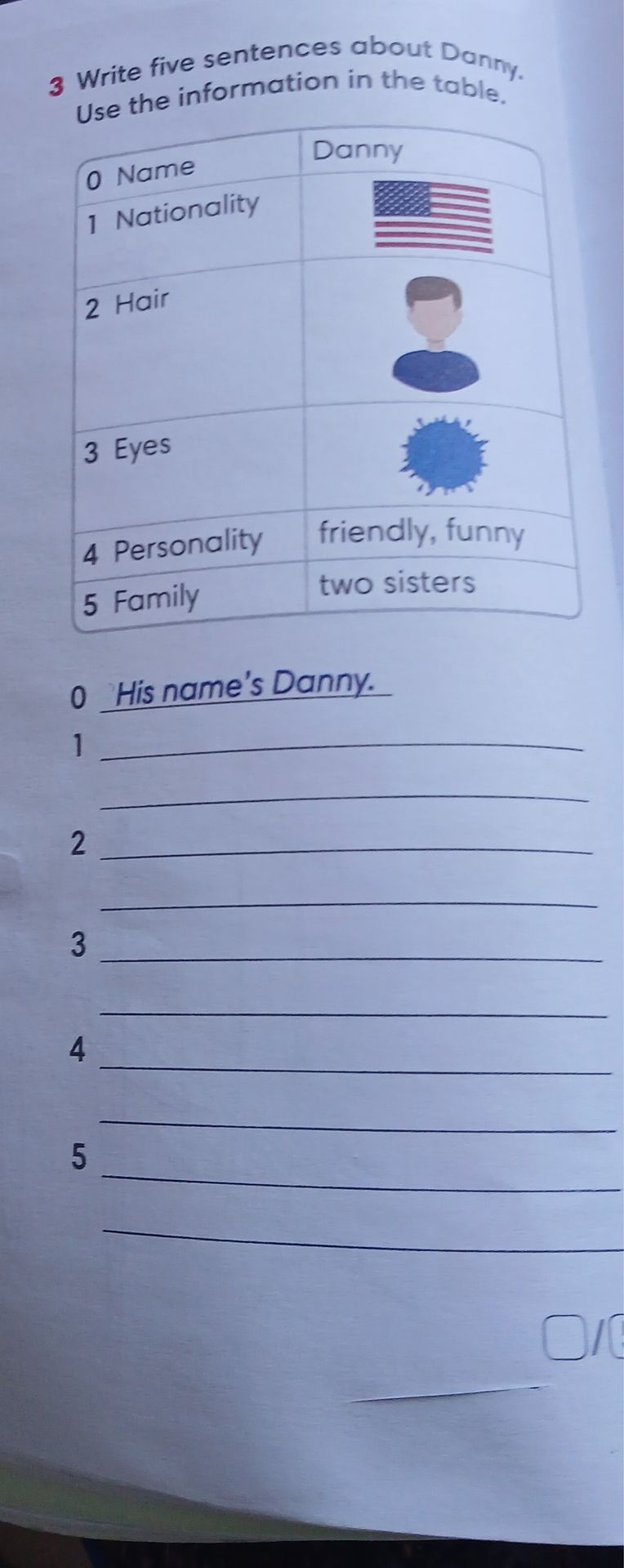 Фото задания: Write five sentences about Danny. Use the information in the table.