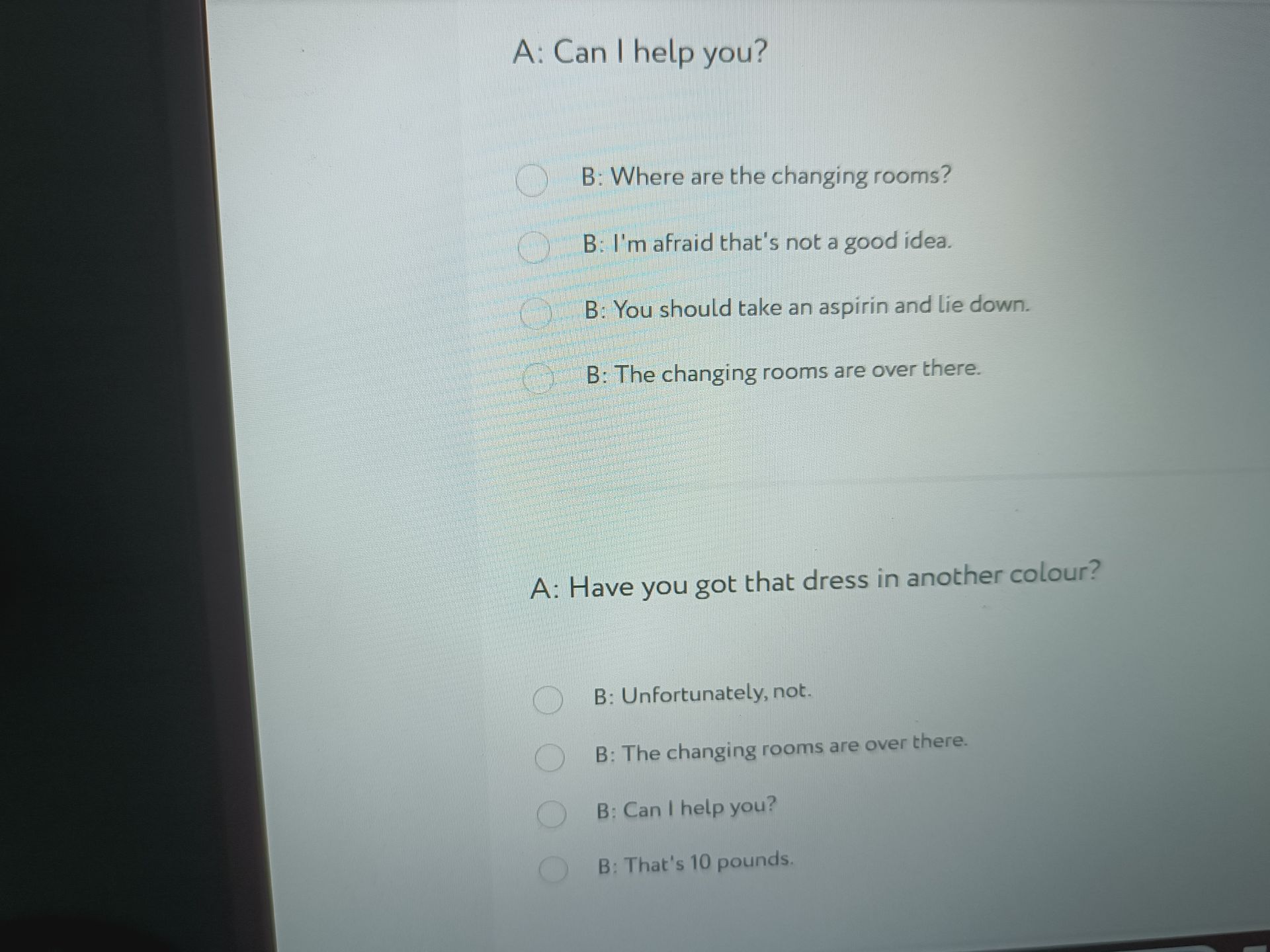 Фото задания: A: Can I help you?