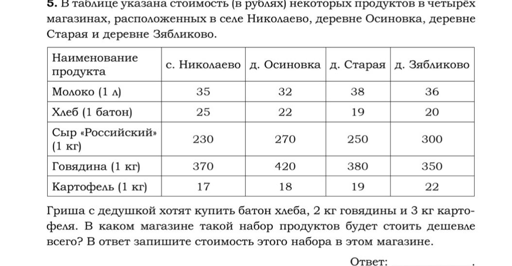 Фото задания: Гриша с дедушкой хотят купить батон хлеба, 2 кг говядины и 3 кг картофеля. В каком магазине такой набор продуктов будет…