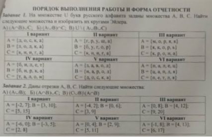 Фото задания: Задание 2. Даны отрезки А, В, С. Найти следующие множества: А) (A∪B); Б) (A∩B)∩C; B) (C∪B)∩(A∩B)