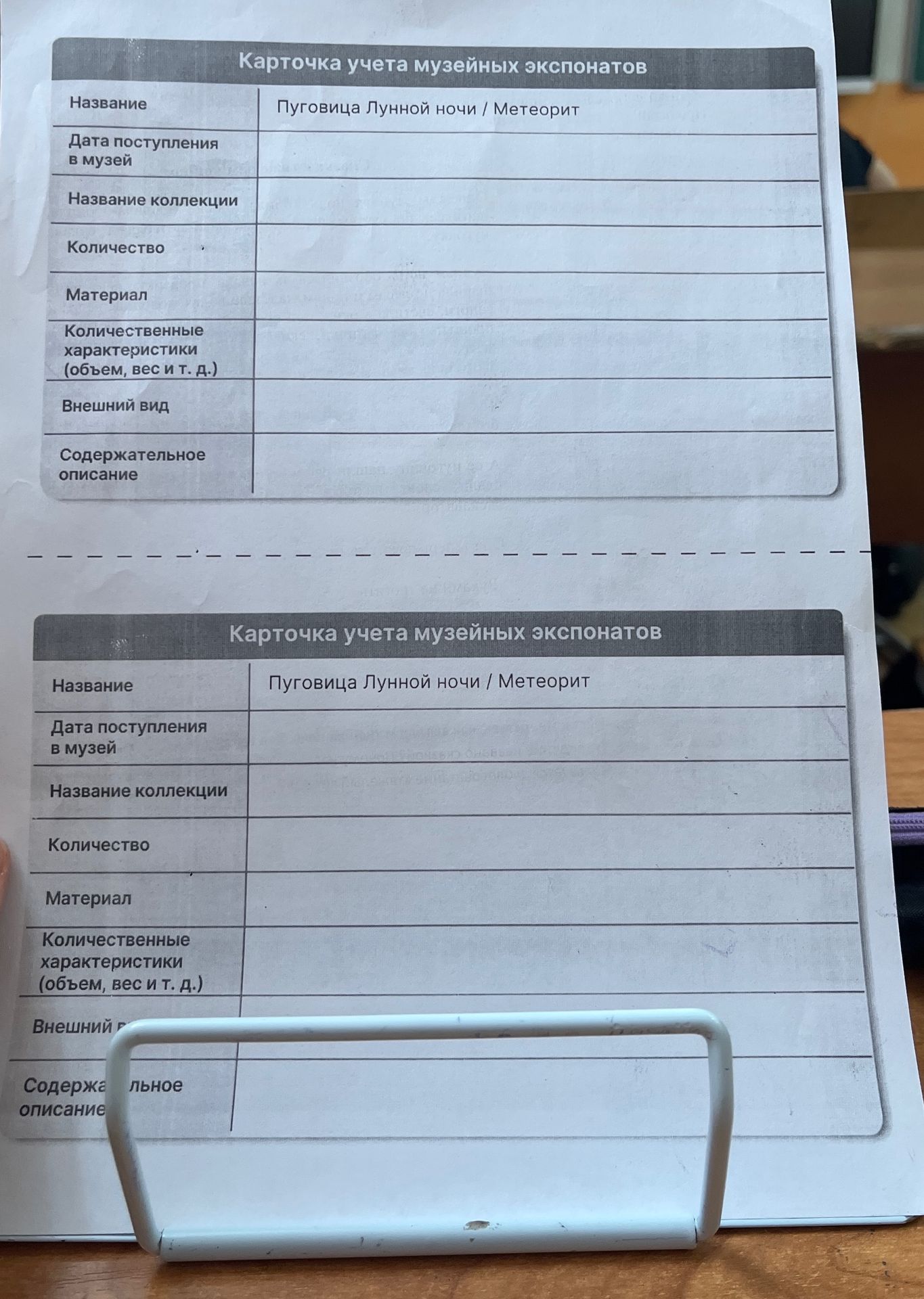 Фото задания: Карточка учета музейных экспонатов