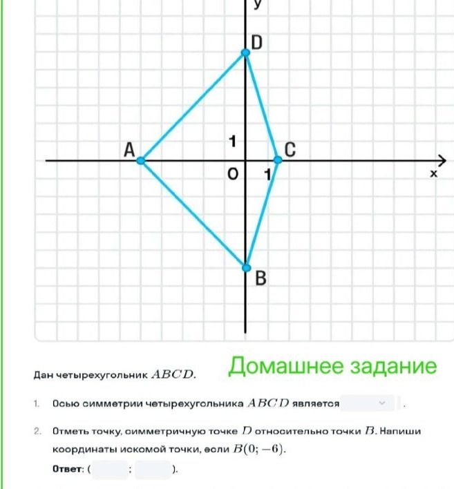 Фото задания: Даны четырехугольник ABCD. Домашнее задание. 1. Осью симметрии четырехугольника ABCD является 2. Отметь точку, симметричную…