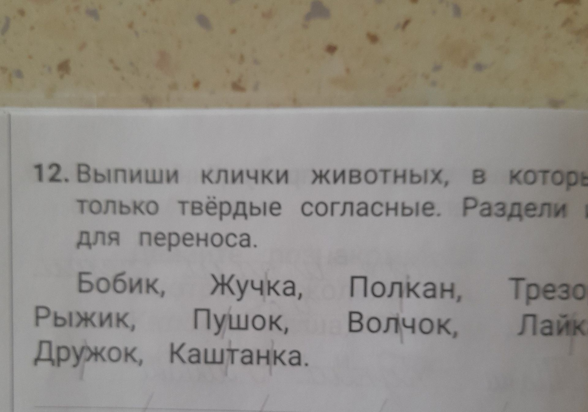 Фото задания: 12. Выпиши клички животных, в которых только твёрдые согласные. Раздели для переноса. Бобик, Жучка, Полкан, Трезор Рыжик,…