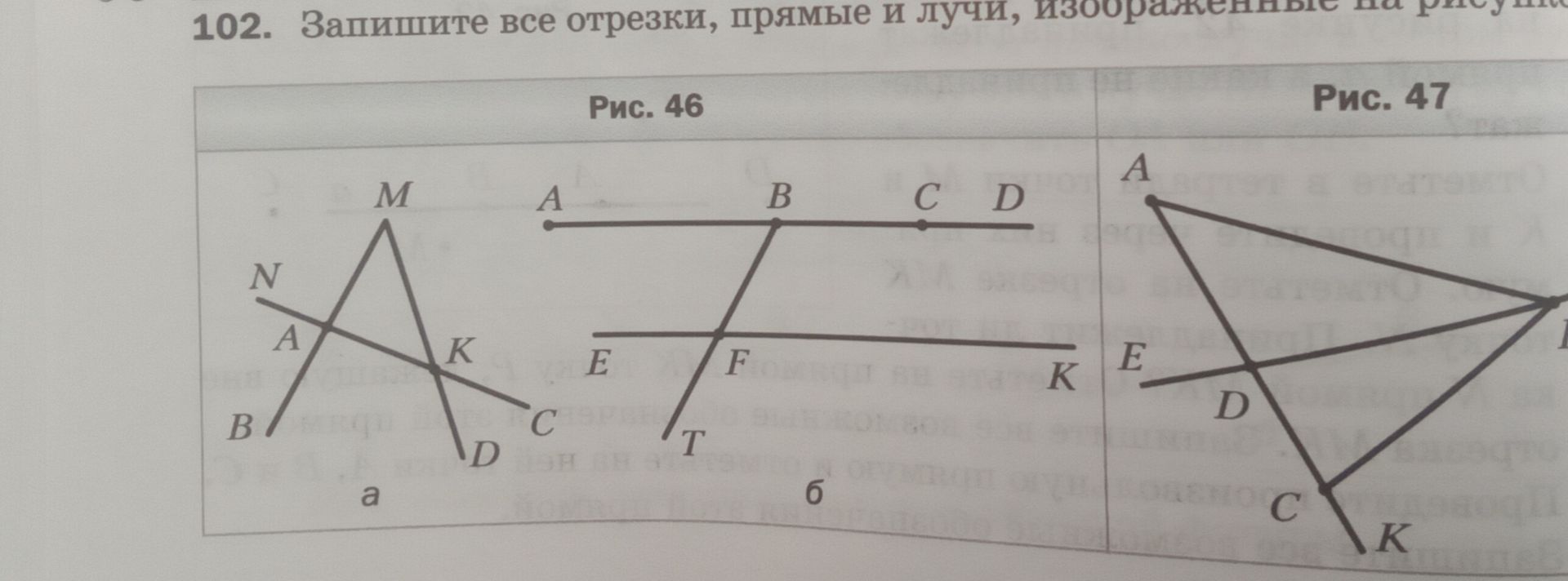 Фото задания: 102. Запишите все отрезки, прямые и лучи, изображенные на рисунке.