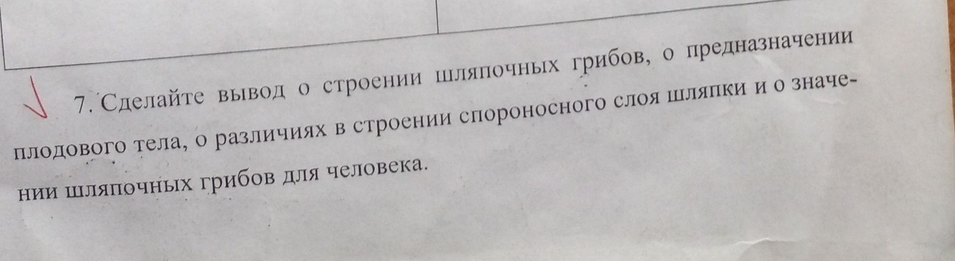 Фото задания: 7. Сделайте вывод о строении шляпочных грибов, о предназначении плодового тела, о различиях в строении спороносного слоя…
