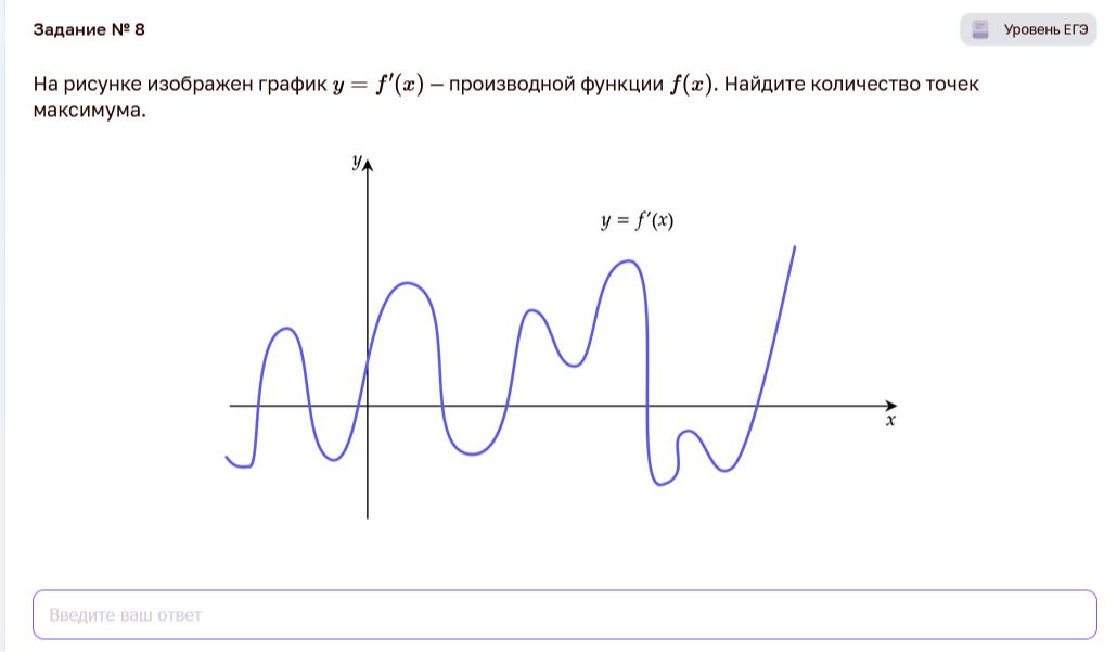 Фото задания: На рисунке изображен график y = f'(x) – производной функции f(x). Найдите количество точек максимума.