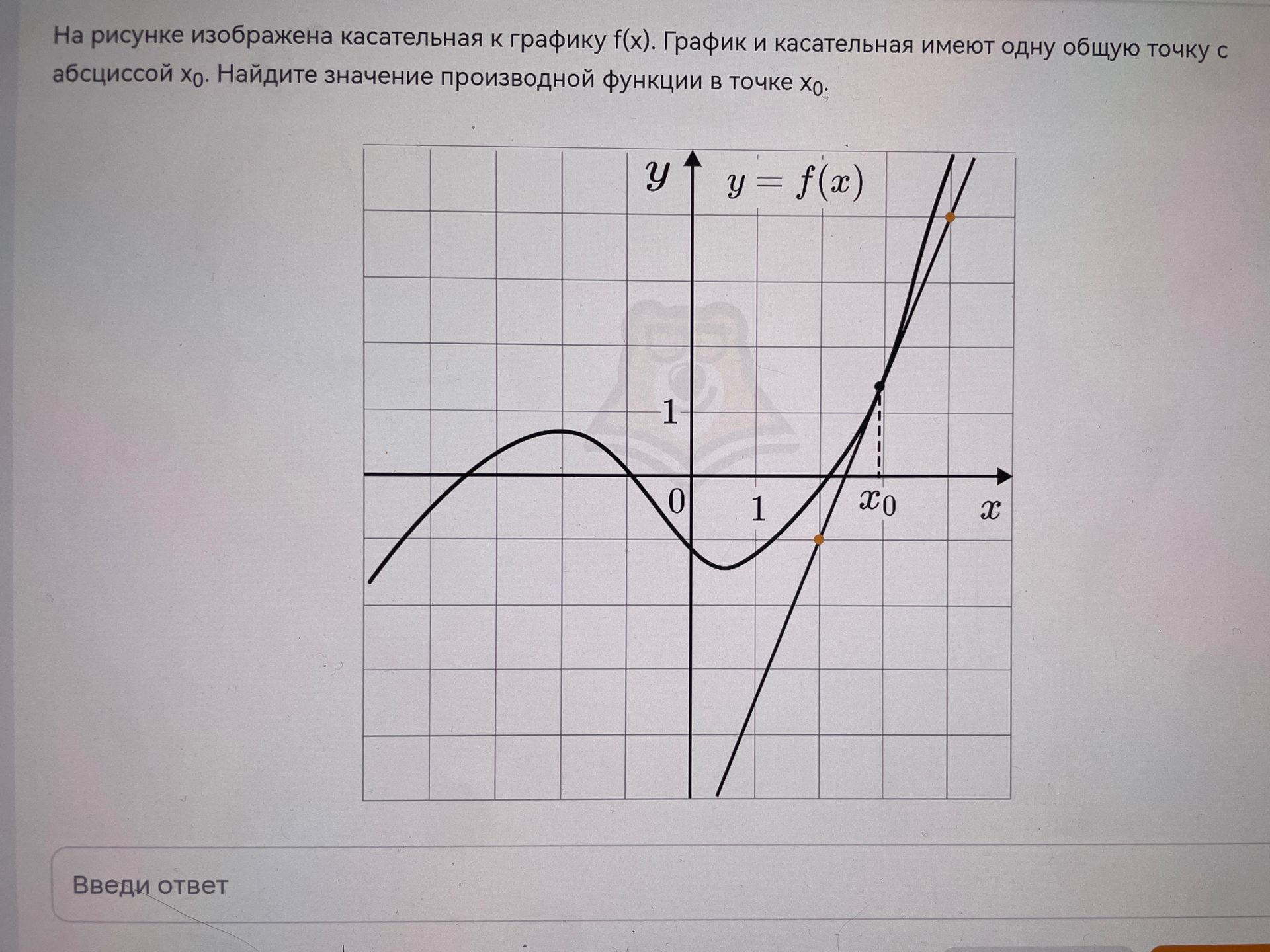 Фото задания: На рисунке изображена касательная к графику f(x). График и касательная имеют одну общую точку с абсциссой x₀. Найдите…