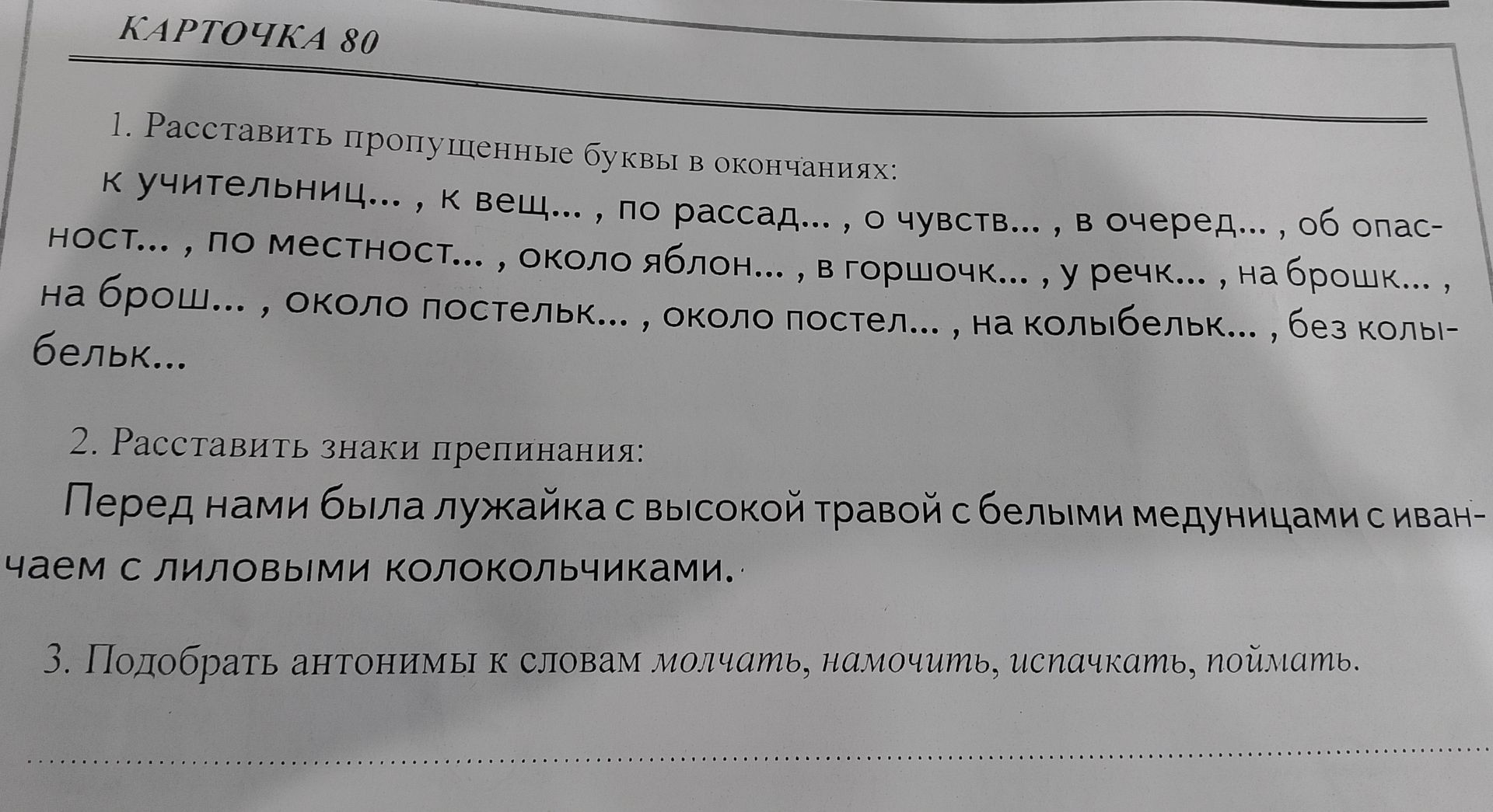 Фото задания: 1. Расставить пропущенные буквы в окончаниях: к учительниц..., к вещ..., по рассад..., о чувств..., в очеред..., об опас-…