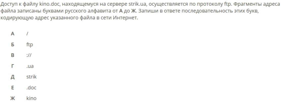 Фото задания: Доступ к файлу kino.doc, находящемуся на сервере strik.ua, осуществляется по протоколу ftp. Фрагменты адреса файла записаны…