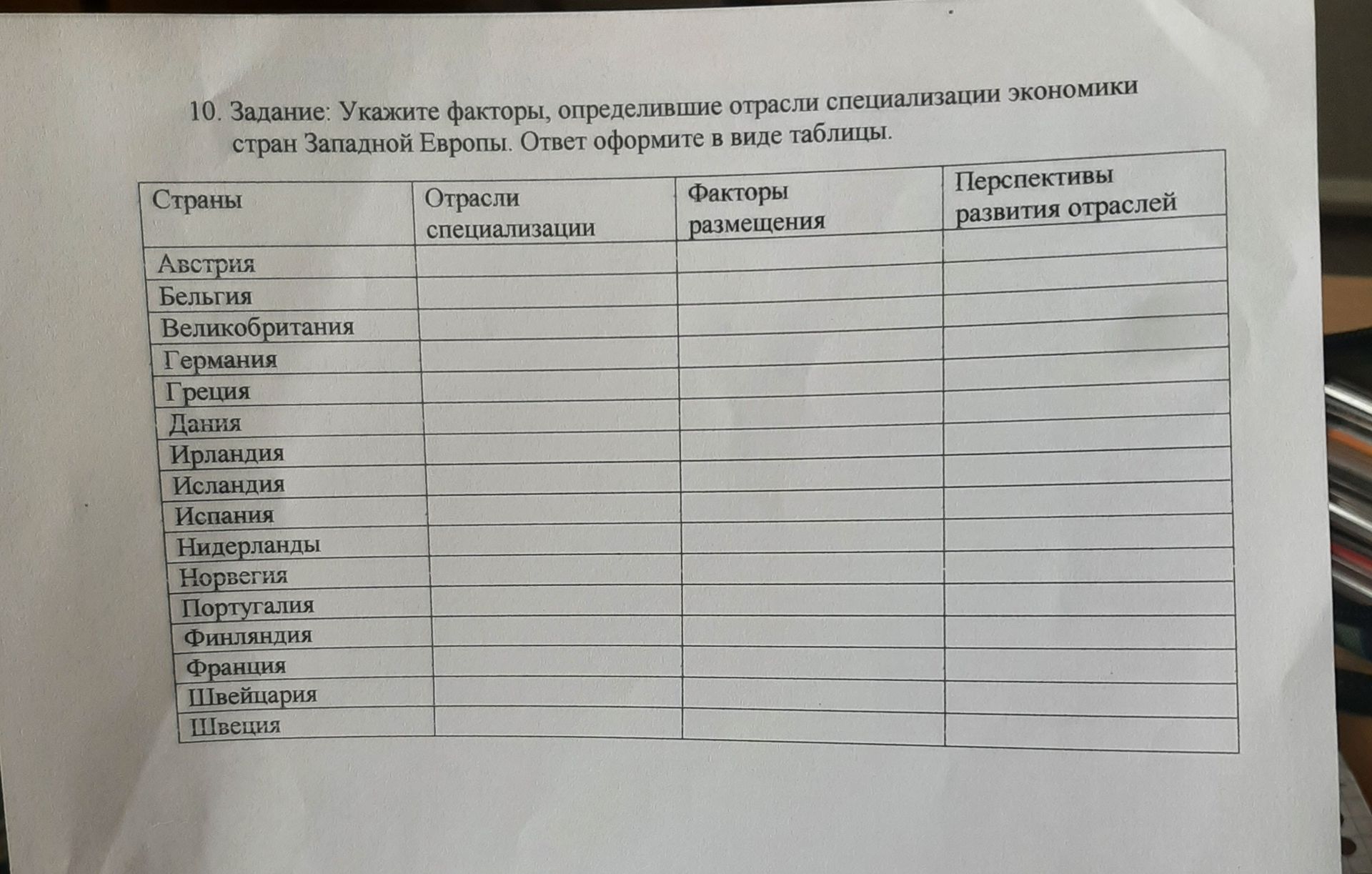 Фото задания: 10. Задание: Укажите факторы, определившие отрасли специализации экономики стран Западной Европы. Ответ оформите в виде…