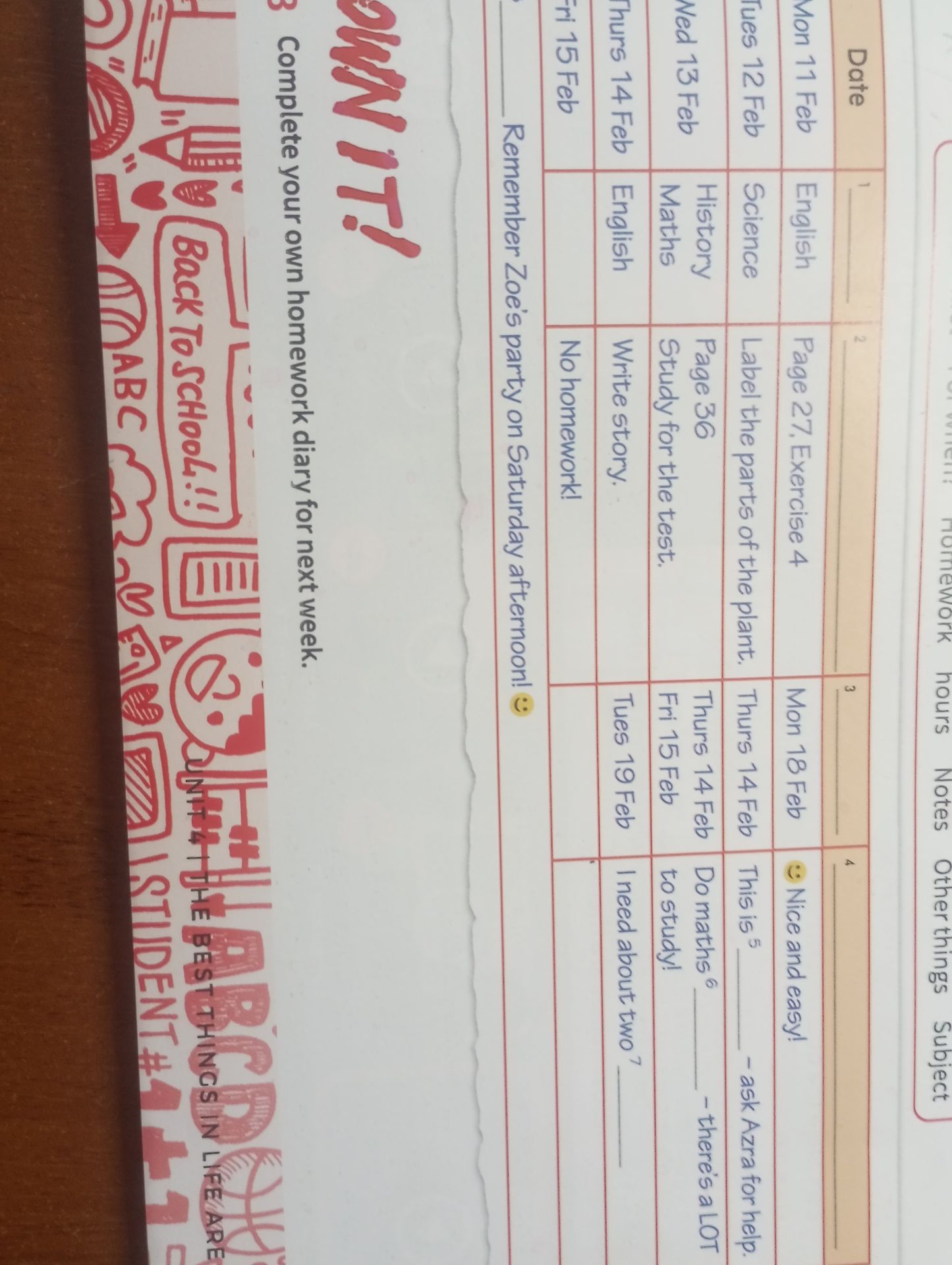 Фото задания: Complete your own homework diary for next week.