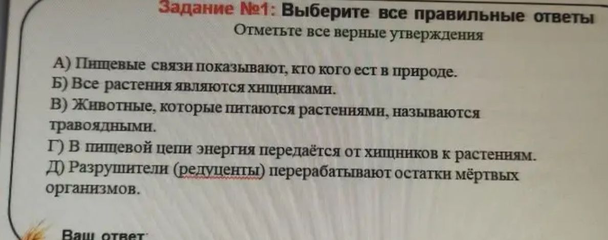 Фото задания: Задание №1: Выберите все правильные ответы Отметьте все верные утверждения А) Пищевые связи показывают, кто кого ест в…