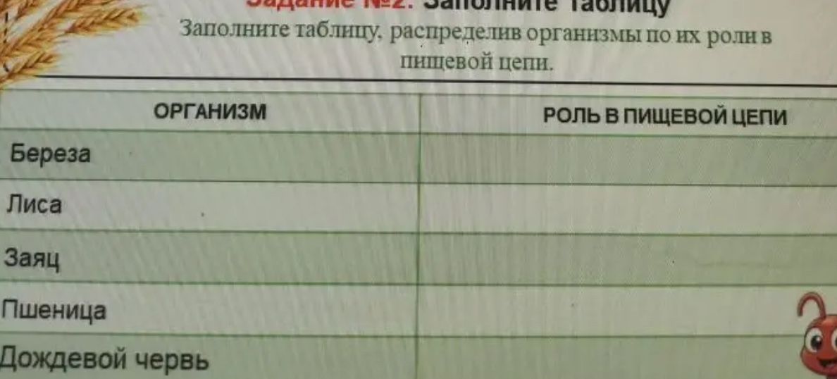 Фото задания: Заполните таблицу, распределив организмы по их роли в пищевой цепи.