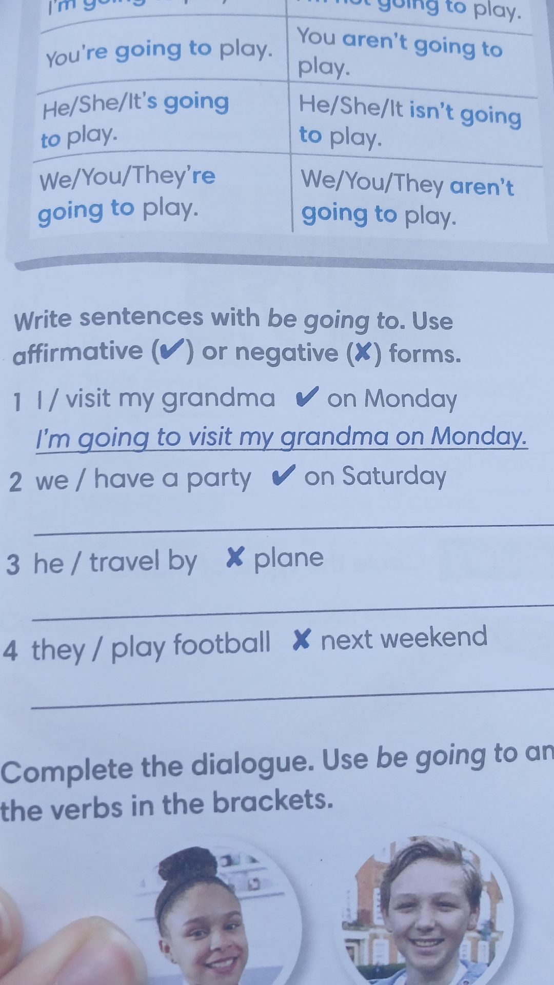 Фото задания: Write sentences with be going to. Use affirmative (✔) or negative (X) forms. 1 I / visit my grandma ✓ on Monday
