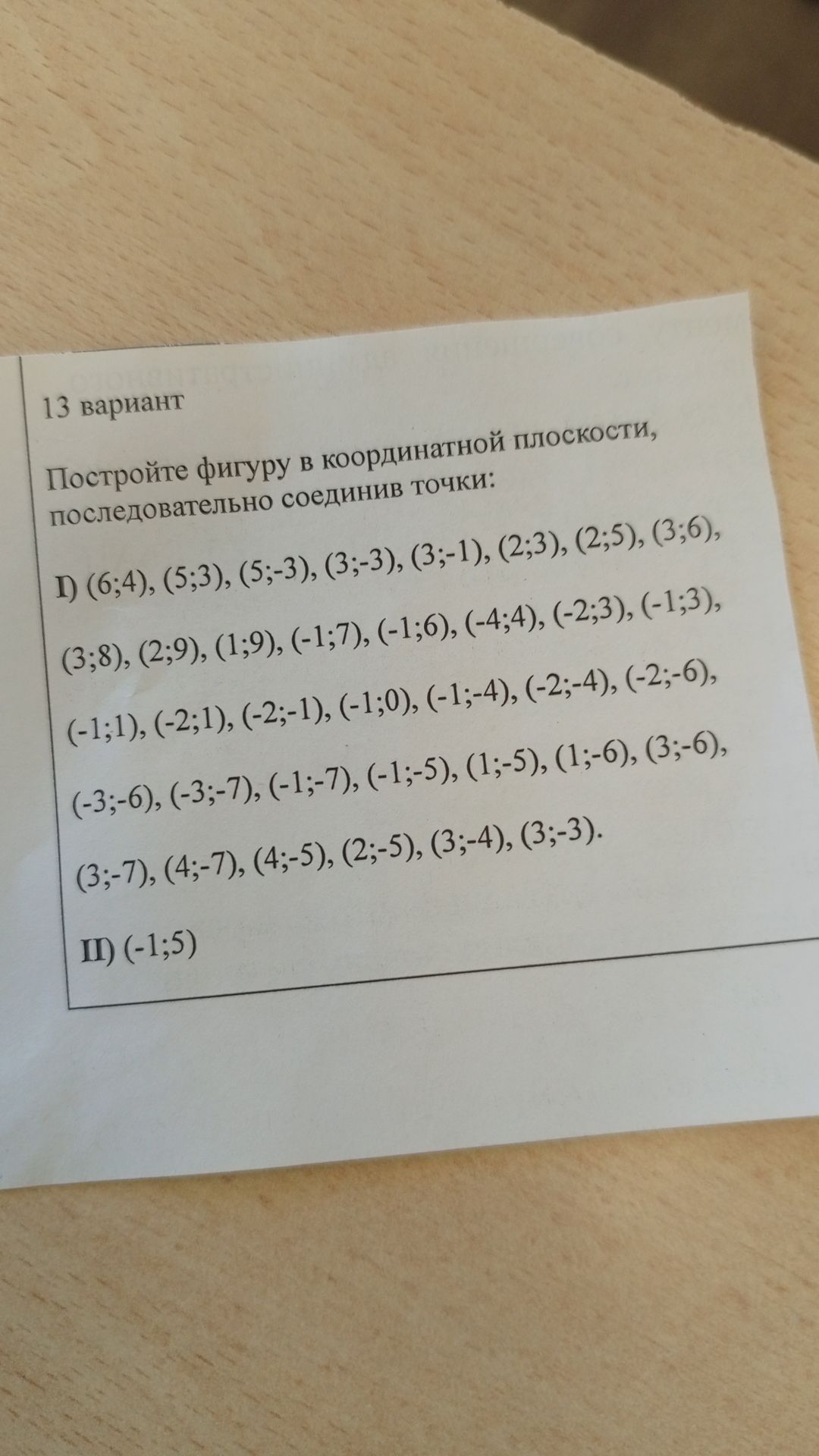 Фото задания: 13 вариант Постройте фигуру в координатной плоскости, последовательно соединив точки: I) (6;4), (5;3), (5;-3), (3;-3),…