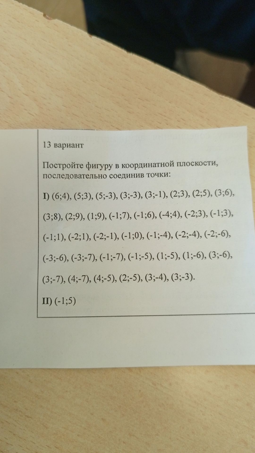 Фото задания: Постройте фигуру в координатной плоскости, последовательно соединив точки: I) (6;4), (5;3), (5;-3), (3;-3), (3;-1), (2;3),…