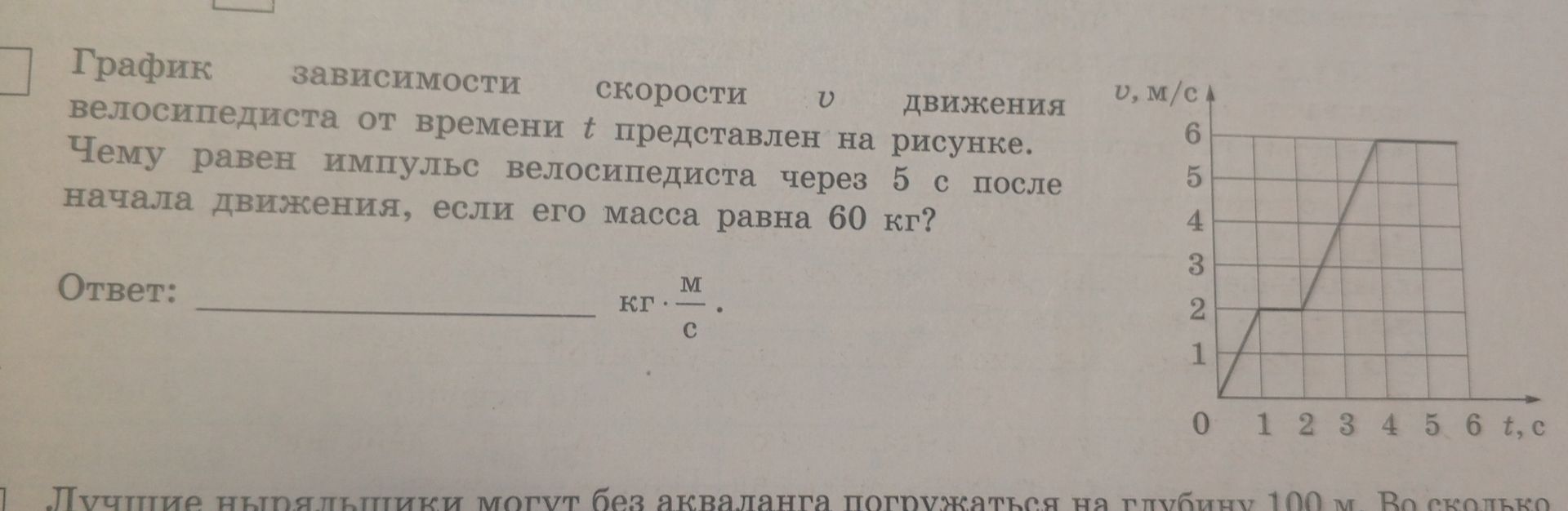 Фото задания: График зависимости скорости v движения велосипедиста от времени t представлен на рисунке. Чему равен импульс велосипедиста…