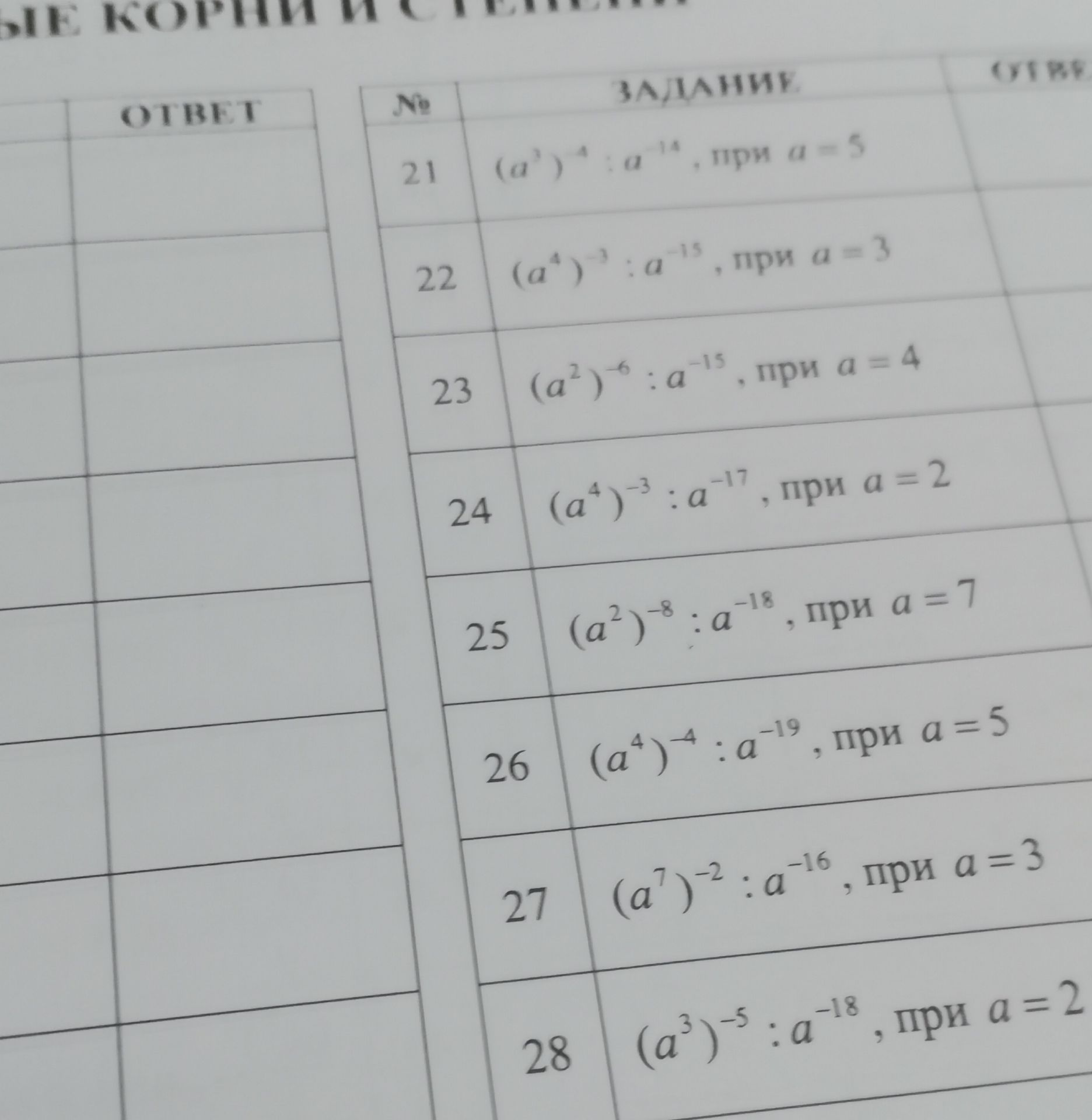 Фото задания: 24. (a⁴)⁻³ : a⁻¹⁷, при a = 2