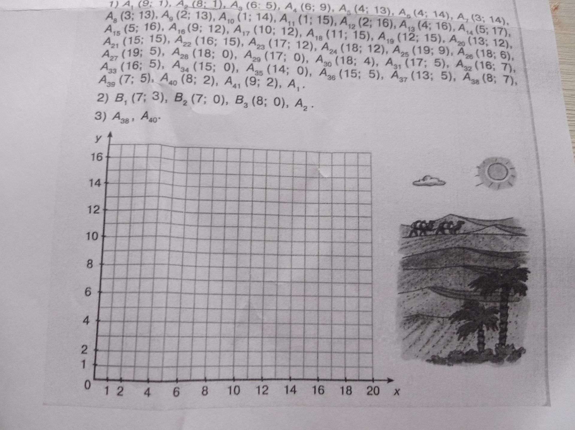 Фото задания: Plot the given points on the coordinate plane: 1) A₁(9; 1), A₂(8; 1), A₃(6; 5), A₄(6; 9), A₅(4; 13), A₆(4; 14), A₇(3; 14),…