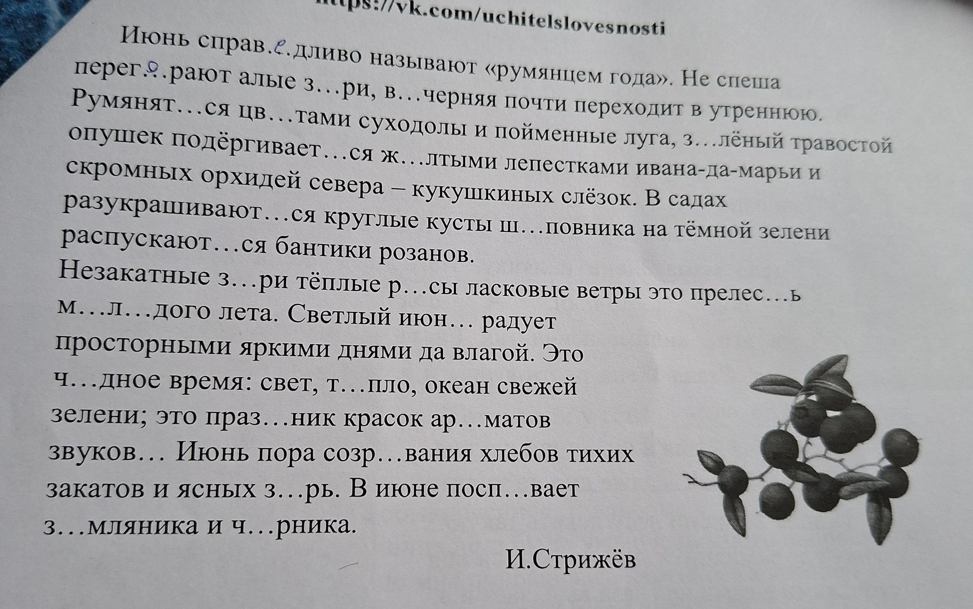 Фото задания: Июнь справ.с.дливо называют «румянцем года». Не спеша перег...рают алые з...ри, в...черняя почти переходит в утреннюю.…