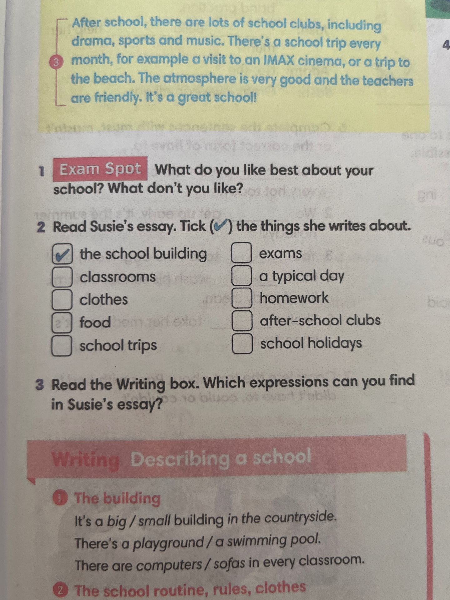Фото задания: 2. Read Susie's essay. Tick (✔) the things she writes about.