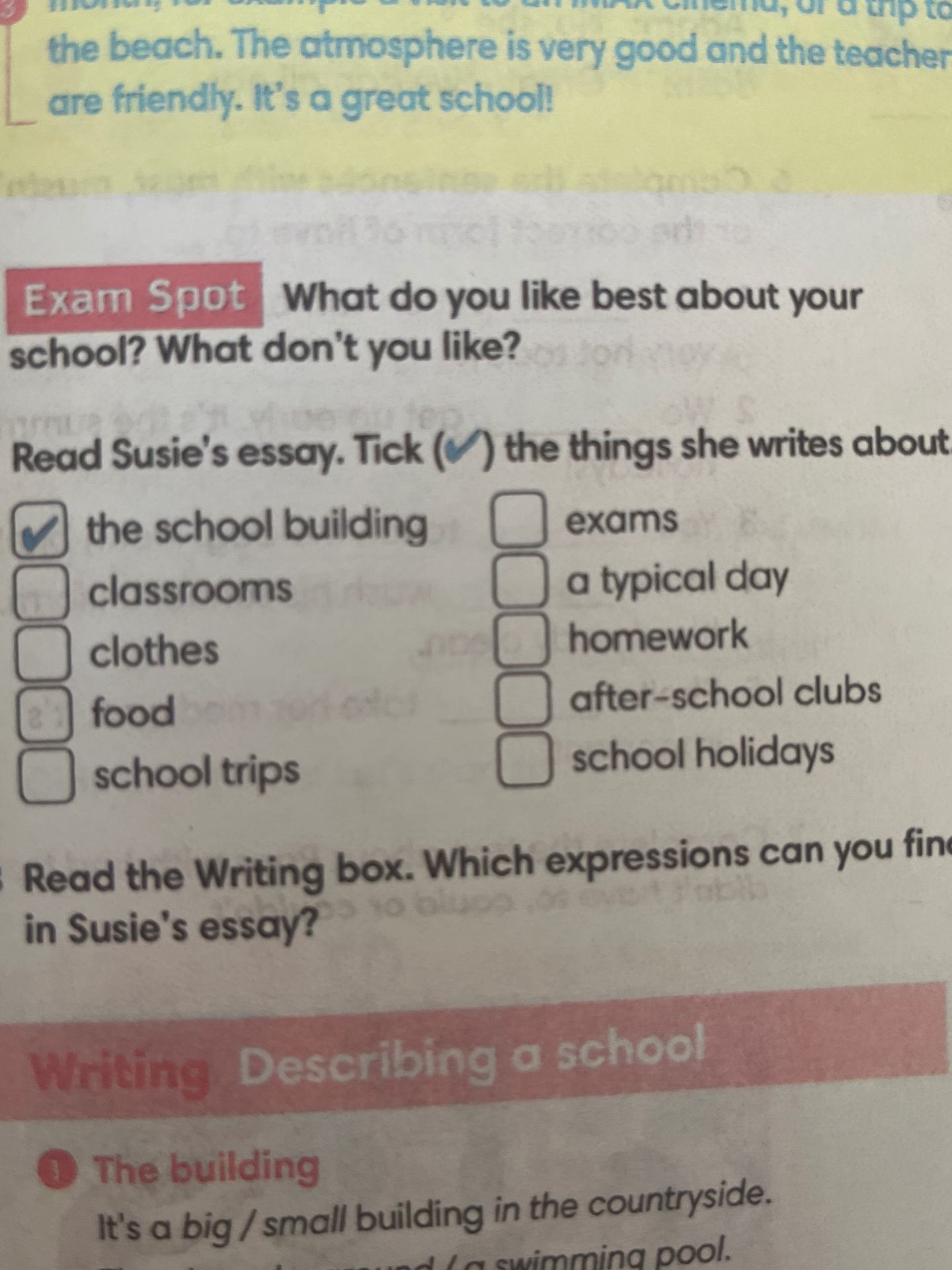 Фото задания: Read Susie's essay. Tick (✔) the things she writes about.