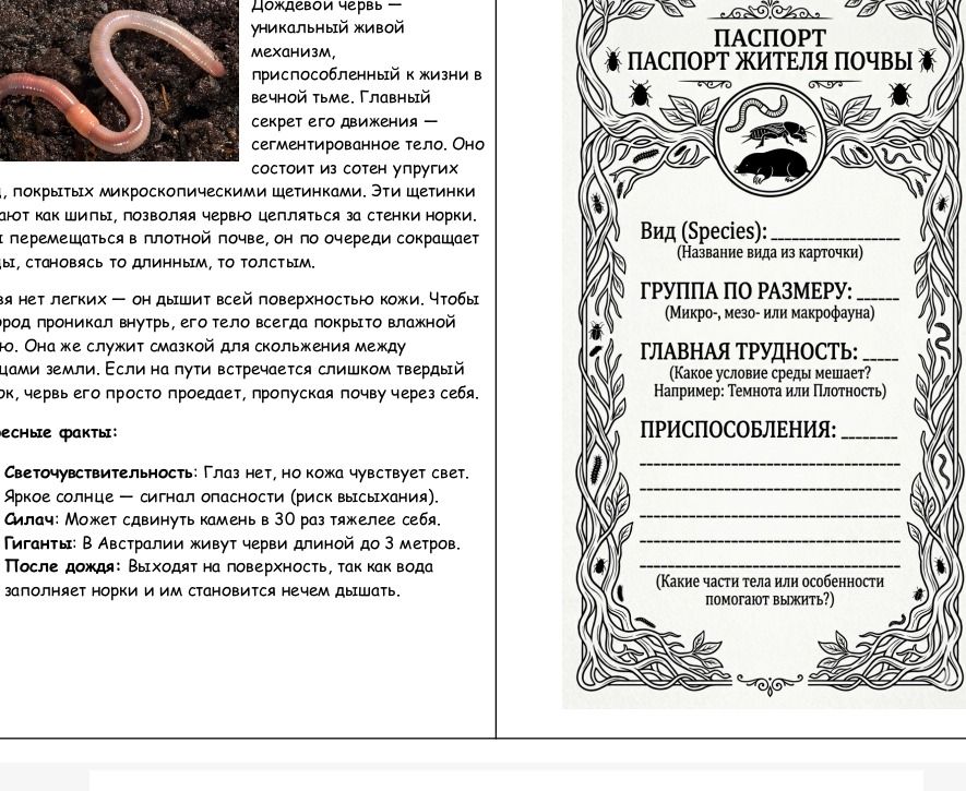 Фото задания: Заполните паспорт дождевого червя, используя информацию из текста.