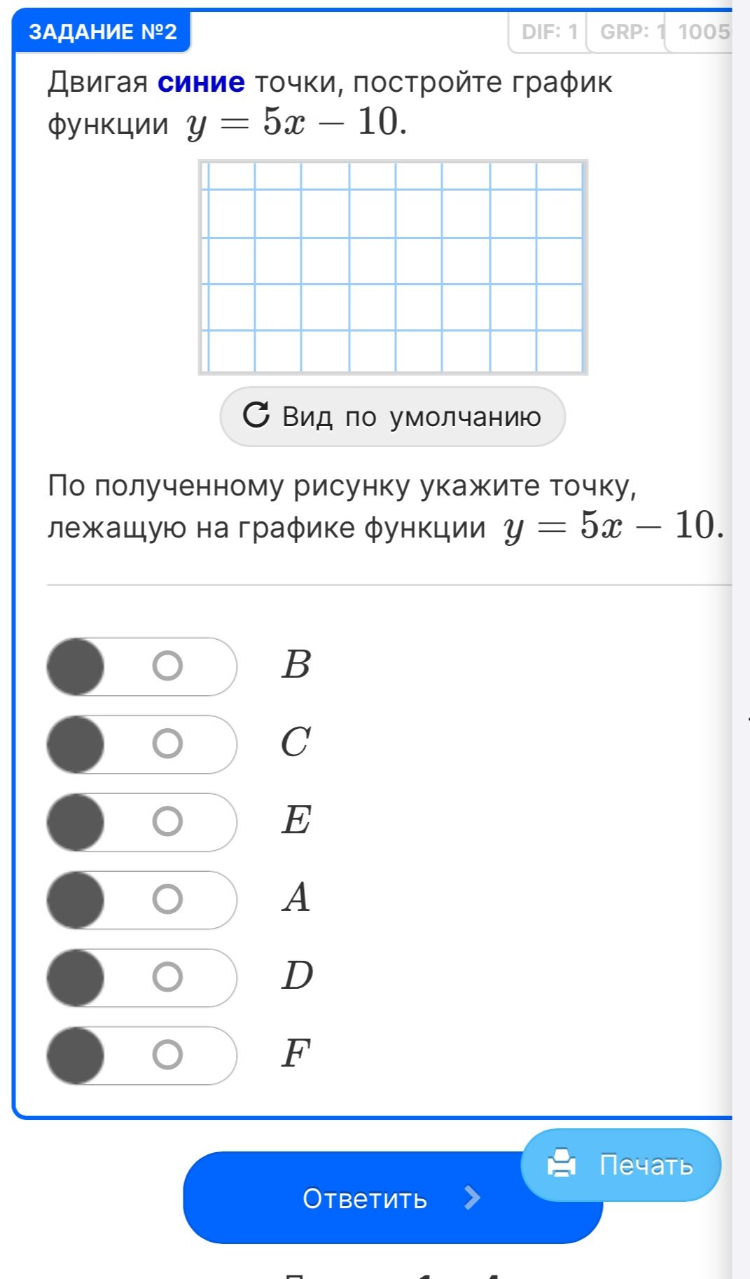 Фото задания: Двигая синие точки, постройте график функции y = 5x – 10. По полученному рисунку укажите точку, лежащую на графике функции…