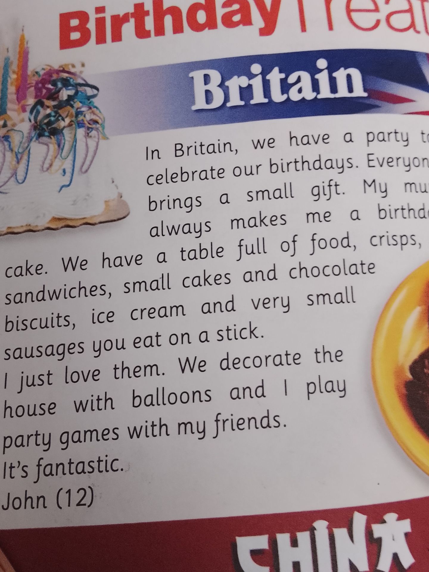 Фото задания: The text describes birthday traditions in Britain. What are some of the foods mentioned that are served at parties?