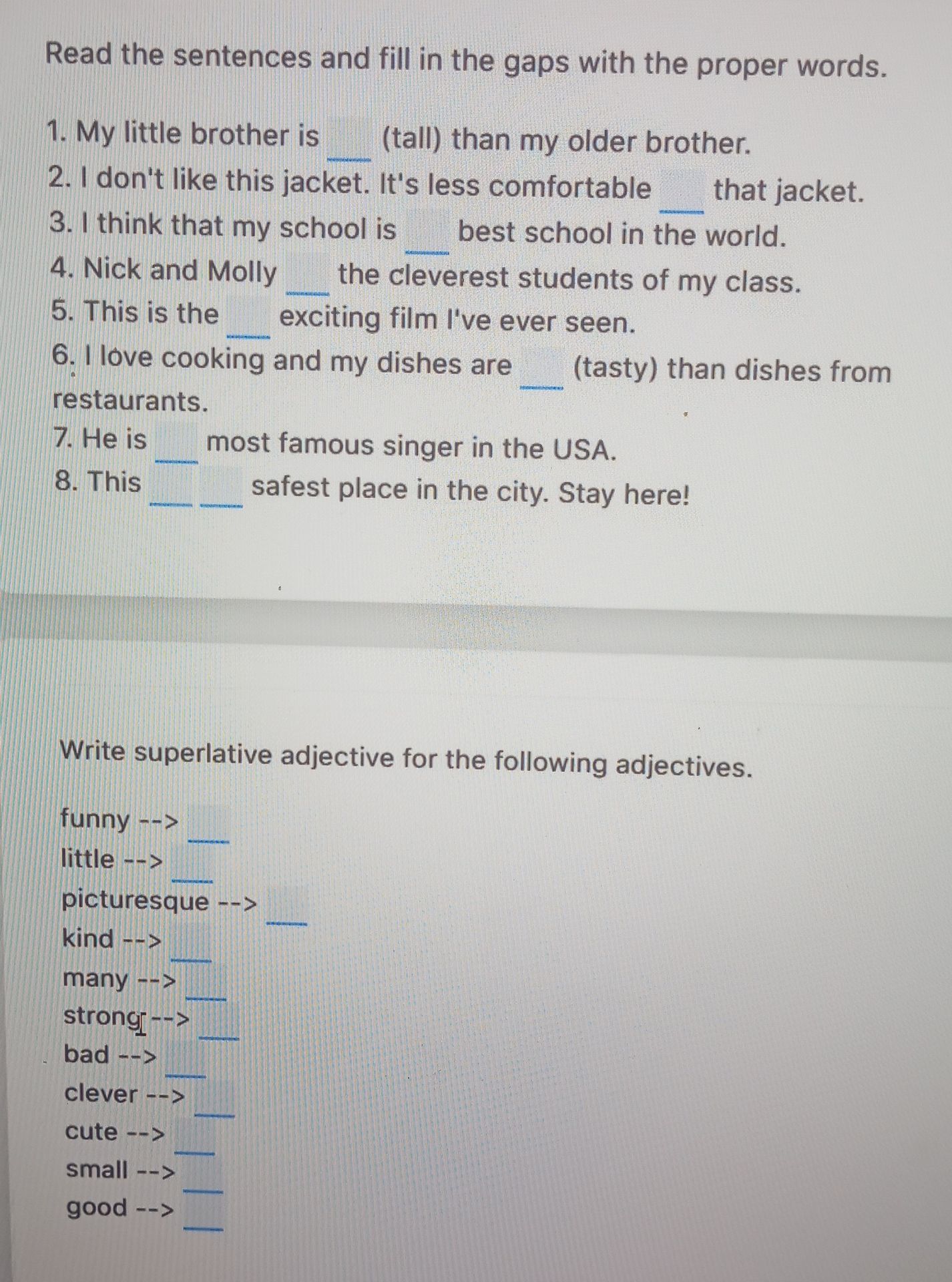 Фото задания: Write superlative adjective for the following adjectives.