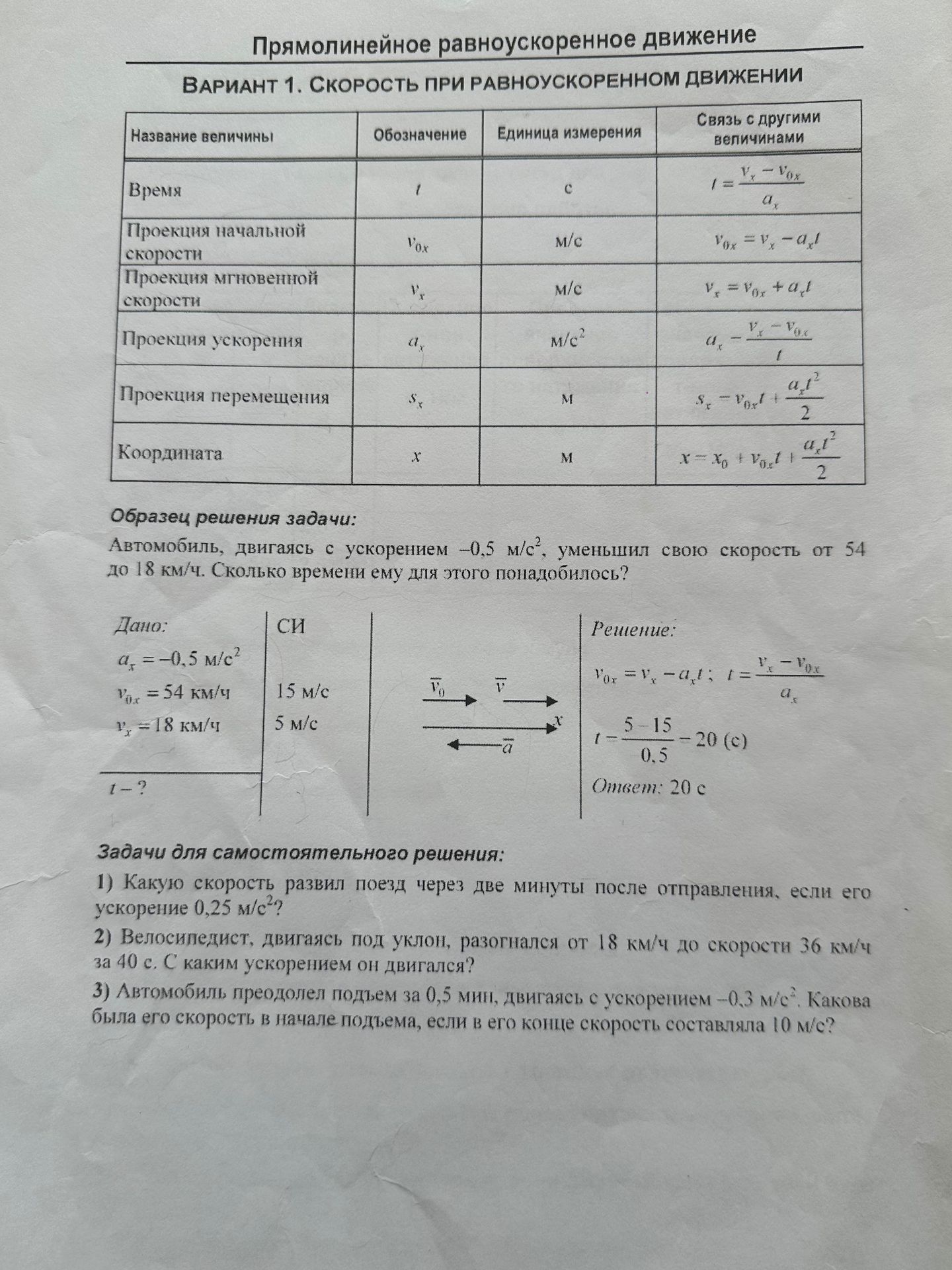 Фото задания: Автомобиль, двигаясь с ускорением –0,5 м/с², уменьшил свою скорость от 54 до 18 км/ч. Сколько времени ему для этого…