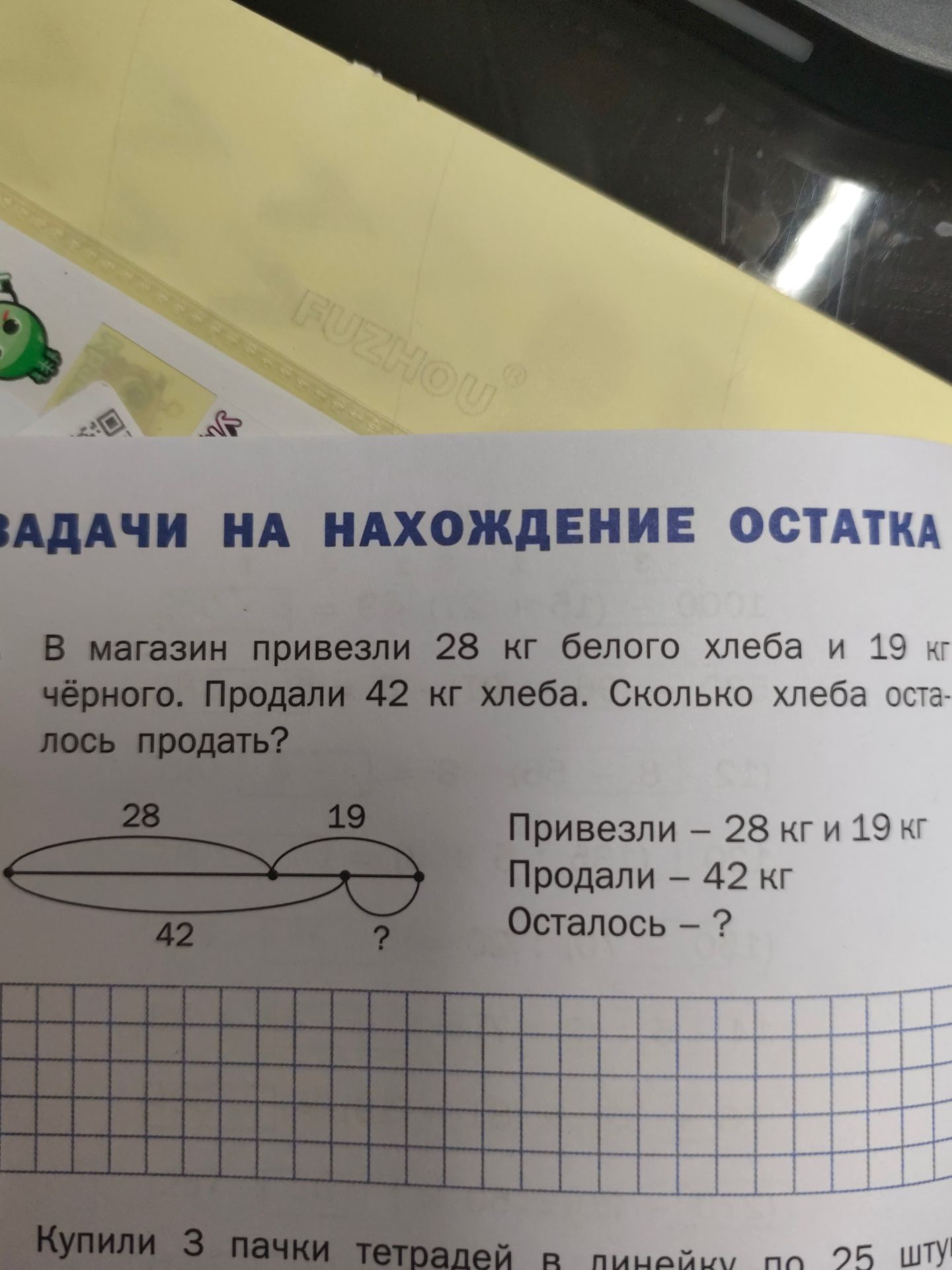 Фото задания: В магазин привезли 28 кг белого хлеба и 19 кг чёрного. Продали 42 кг хлеба. Сколько хлеба осталось продать?