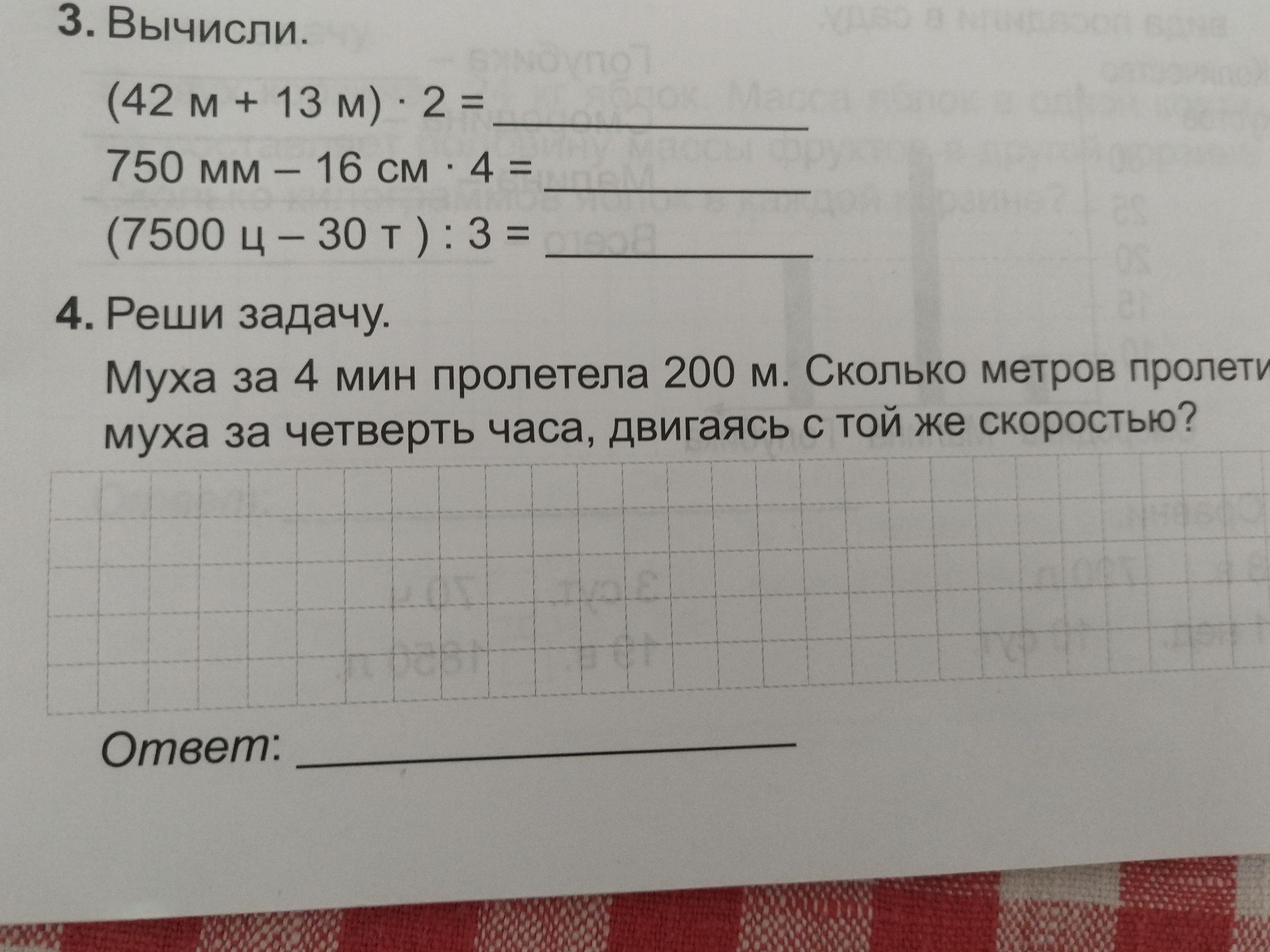 Фото задания: 4. Реши задачу. Муха за 4 мин пролетела 200 м. Сколько метров пролетит муха за четверть часа, двигаясь с той же скоростью?