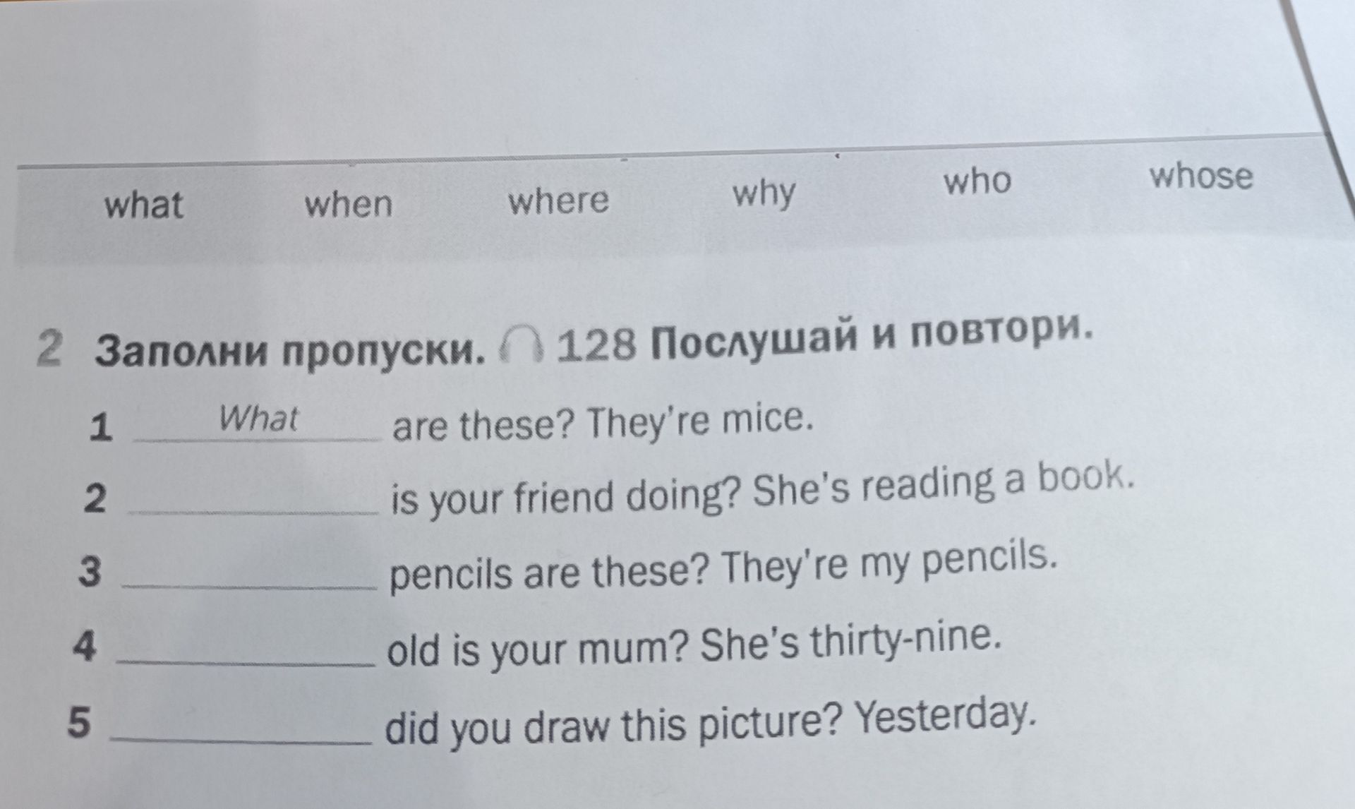 Фото задания: Fill in the gaps with the correct question words from the box: what, when, where, why, who, whose.